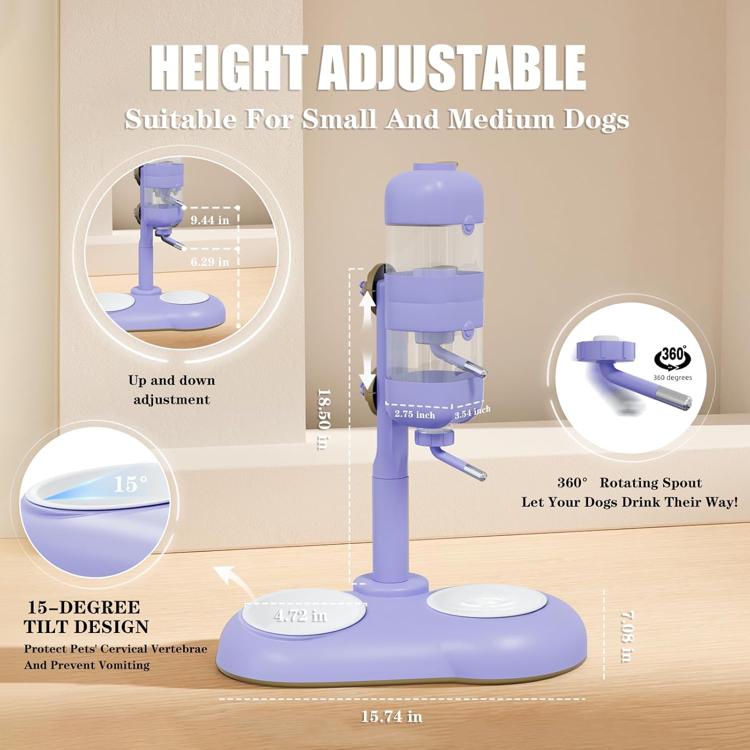 Hundenäpfe mit Welpen-Entwöhnungsflaschen, 3-in-1-Hundenapf-Set mit Wasserspender und 2 lebensmittelechten Keramiknäpfen für Katzen, Kaninchen, Frettchen und kleine Hunde, Violett
