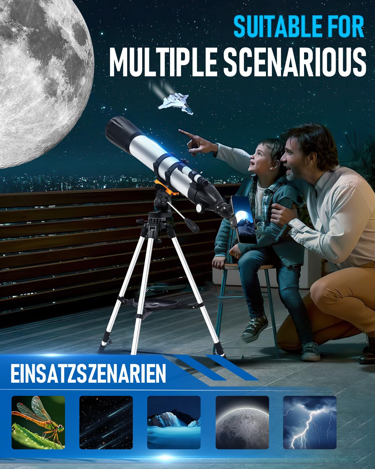 Telescopio Astronómicos para Adultos, Telescopios Refractores con Trípode, Telescopios Refracción 90mm Apertura 900mm para Niños Principiantes, Telescope portátil con Barlow, Teléfono Soporte