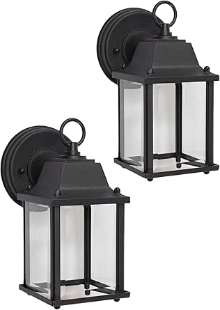 CORAMDEO Outdoor 2 Pack LED Wall Sconce Light for Porch, Patio, Barn and More, Wet Location, Built in LED Gives 75W of Light, 800 Lumens, 3K, Durable Cast Aluminum with Black Finish & Beveled Glass