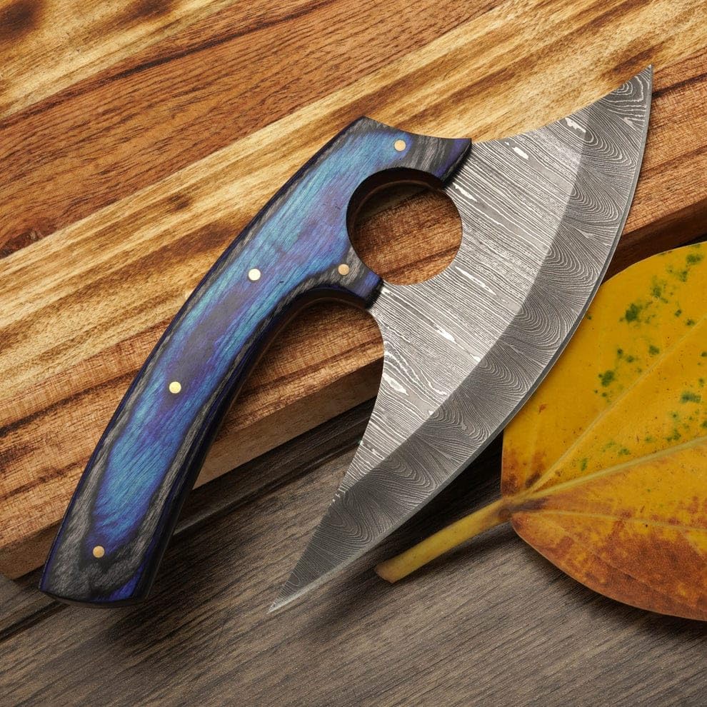 Damascus Steel Ulu Knife with Leather Sheath - Handmade Pizza Cutter with Non-Slip Pakka Wooden Handle - Alaska Ulu Knife Used For Multi-Purpose in Kitchen & Outdoor - Best Gift for your Loved One (Blue Pakka Wood)