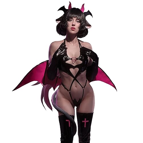 KORURACLUB Succubus-Kostüm (6-teiliges Set) Schwarze Premium-PU-Cosplay-Dessous für Frauen Red Wing Devil-Dessous - Schwarze - L