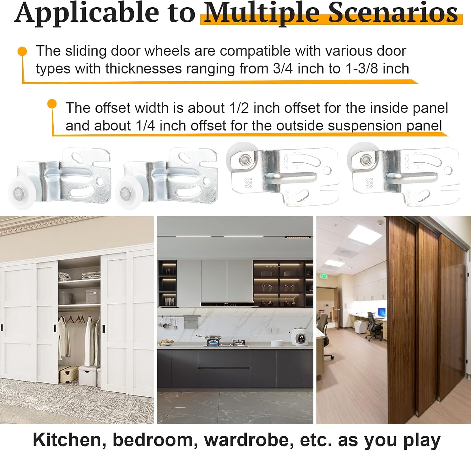 4 Pcs Sliding Closet Door Roller Kit - Quiet 2 Way Sliding Design | Top Hung Bypass Sliding Door Hardware Kit for 3/4" to 1-3/8 Inch Thick Kitchen Doors