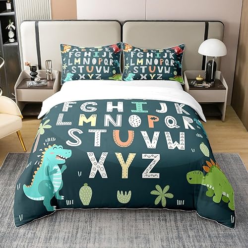Juego de funda de edredón de 100 % algodón para niños y niñas, diseño de dinosaurio de caricaturas, juego de ropa de cama educativa para niños y