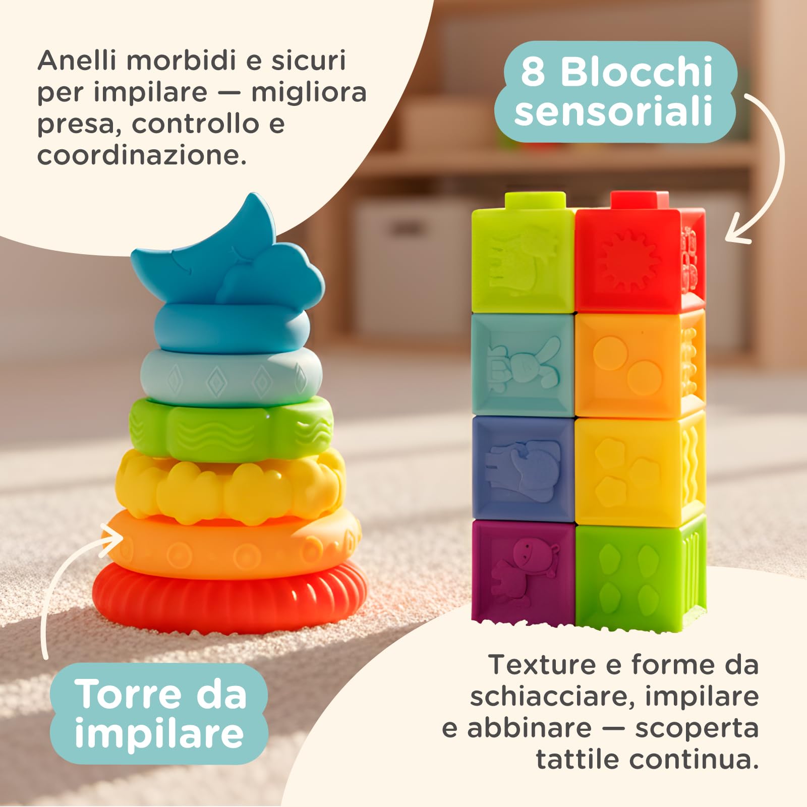 Nene Toys Giocattoli Montessori per Bebè 6–12 Mesi – Giochi Educativi Sensoriali in Legno – Scatola della Permanenza, Torre da Impilare, Libro in Stoffa, Massaggiagengive, Sonaglio & Blocchi Morbidi