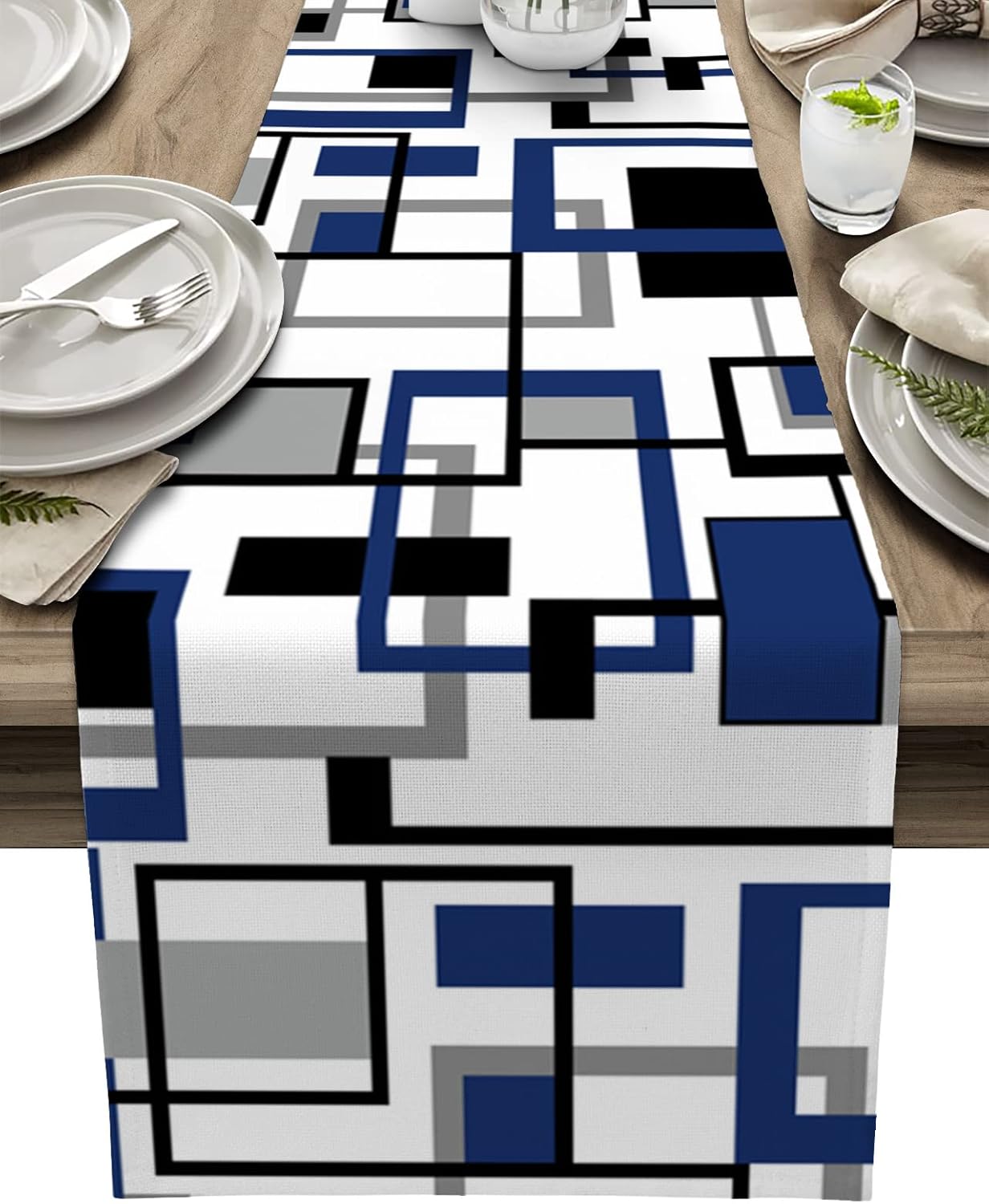 Mid Century Cotton and Linen Table Runner 72 Inches, Abstract Blue Black Lines Durable Dresser Decor Table Runners for Dining Party Holiday Wedding Table Decoration