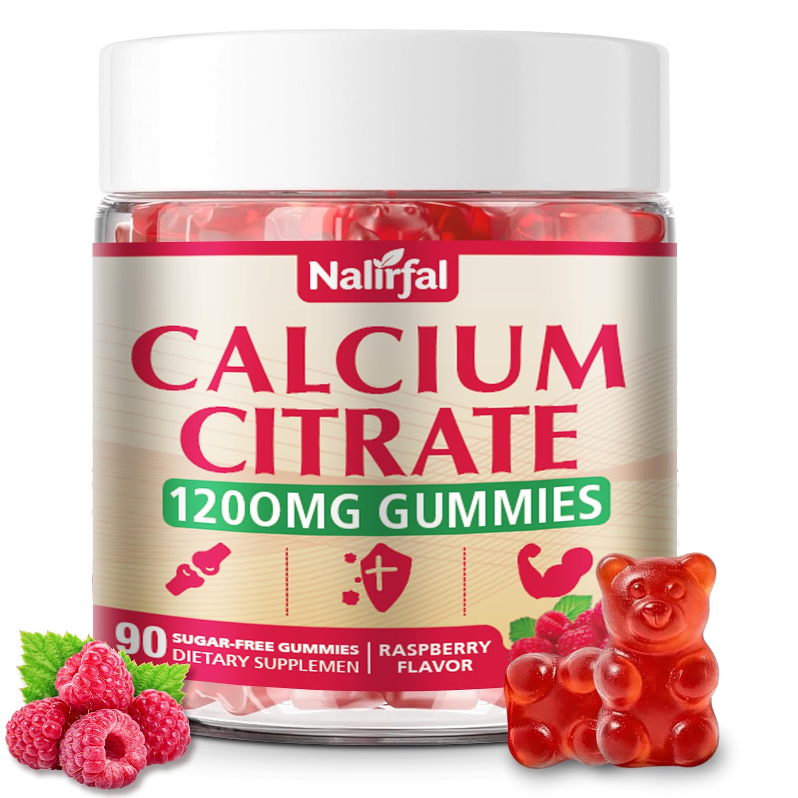 Calcium Citrate Gummies 1200mg – Sugar Free Calcium Supplement for Adults with Muscle & Immune Support, Natural Raspberry Flavor, 90 Count