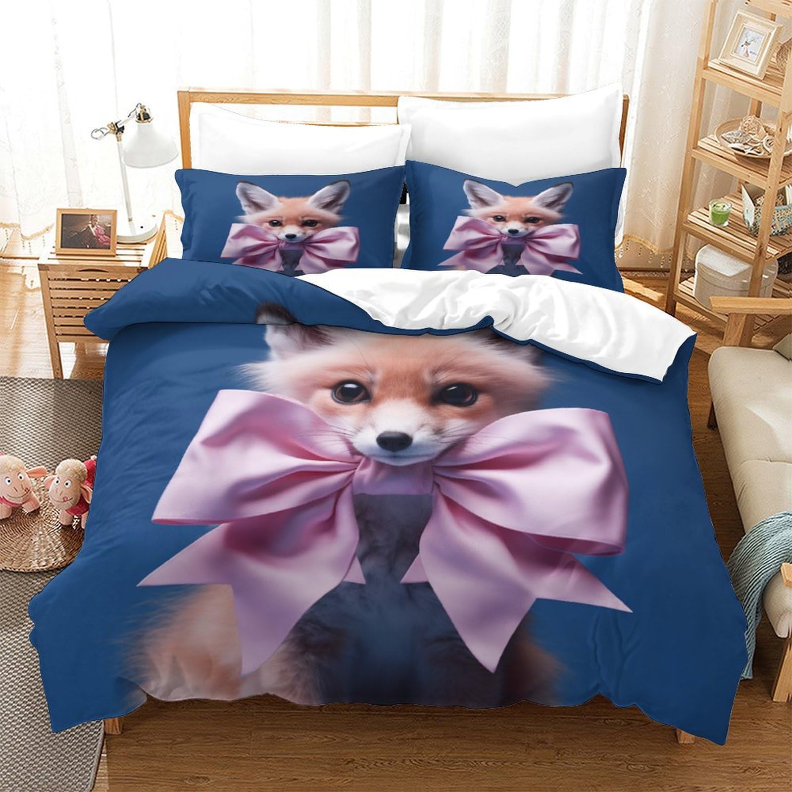 P1S9U7W5Y Charming Bow Fox 3D Printed Duvet Cover Set 3 Pieces Microfiber Animal Bedding Set Soft Breathable for Bedroom Decor Double（200x200cm）