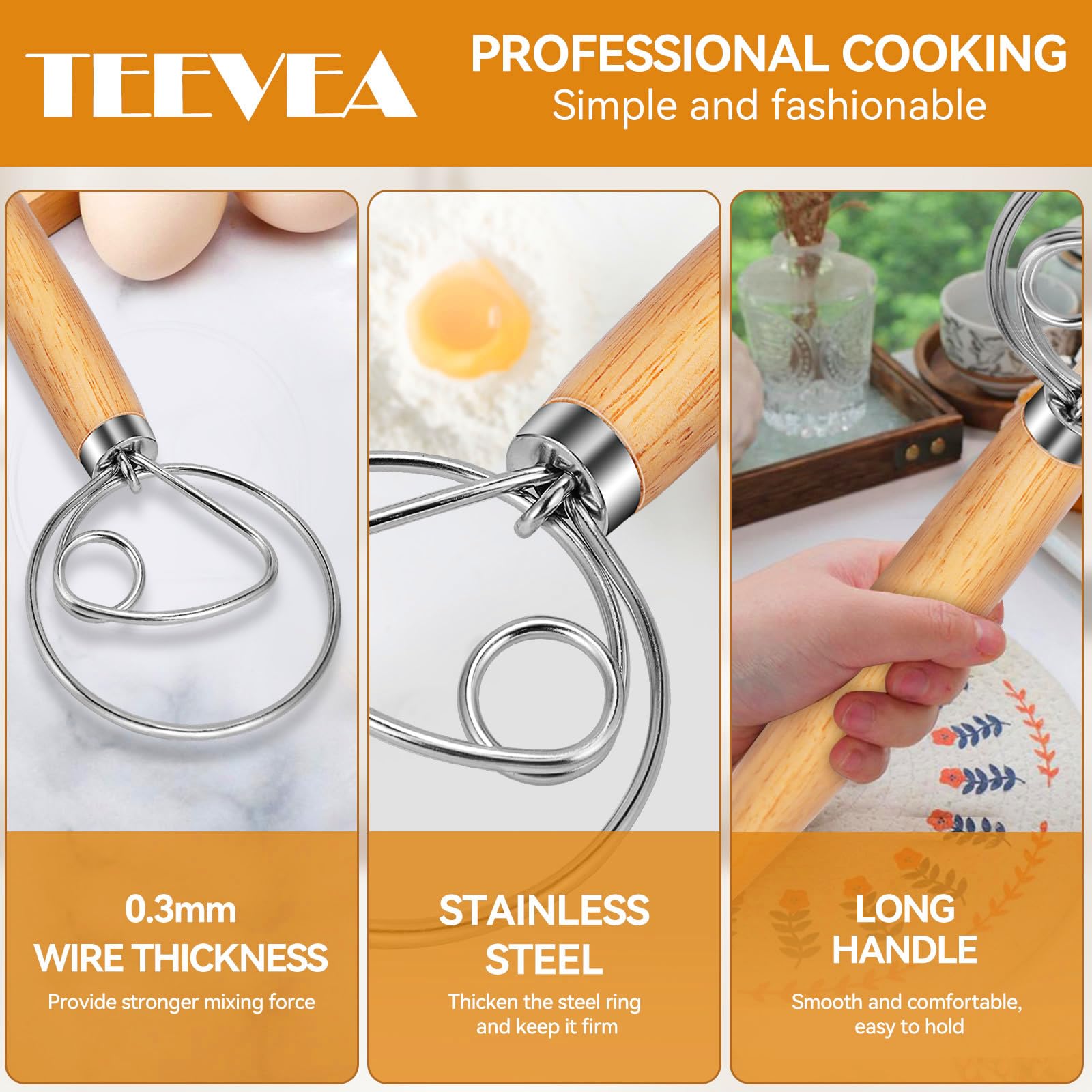 TEEVEA Danish Dough Whisk Stainless Steel Hook Baking Tool for Bread Sourdough Pizza Pastry Blending Dutch Hand Mixer with Wooden Handle Making - Image 5