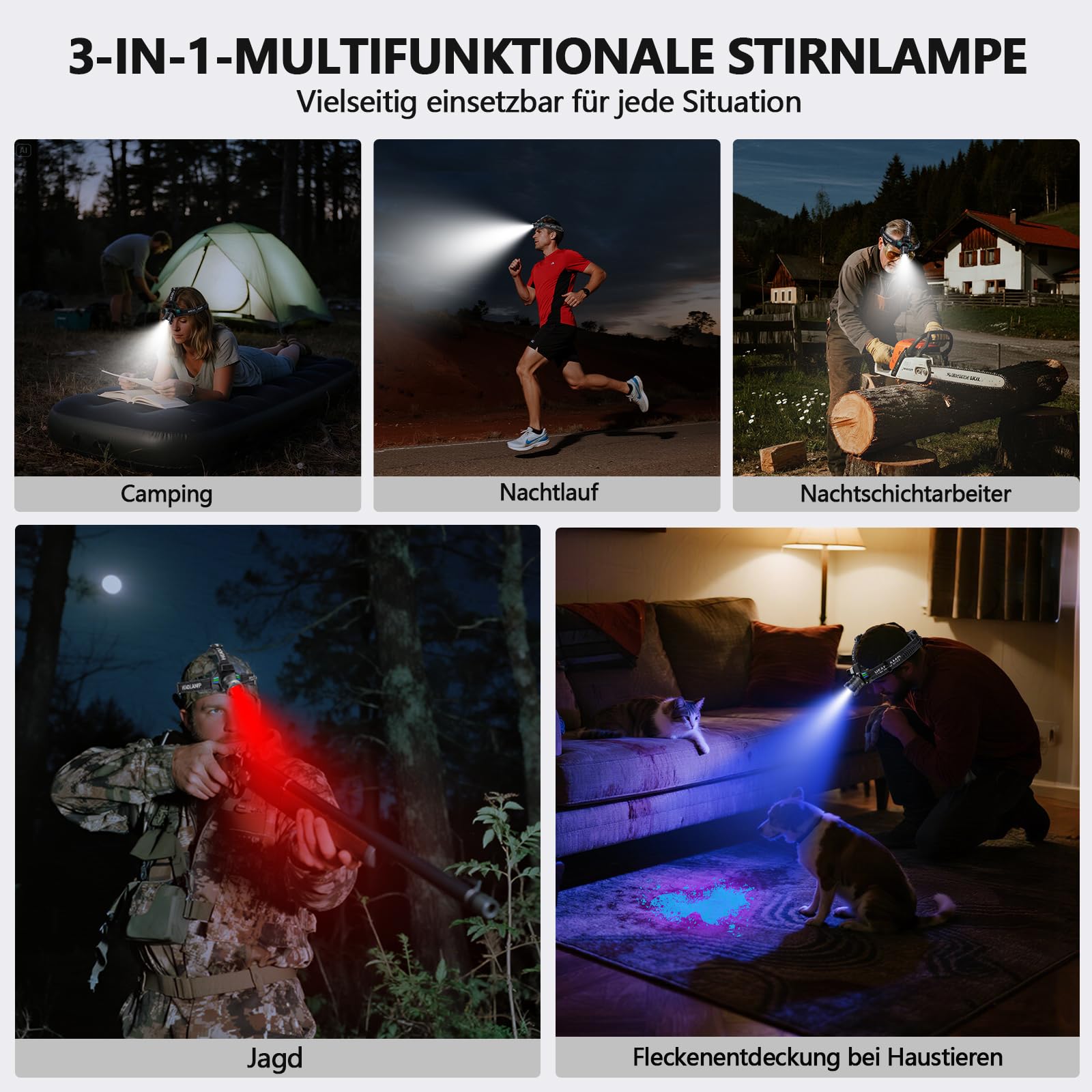 ET Stirnlampe Led Wiederaufladbar mit Weißem/Rotlicht/UV Licht/Schwarzlicht, Extrem Hell Kopflampe mit Batteriebetrieb, 16 Modi, Stirnlampe Wasserdicht für Schutzhelme, Jagd, Erkennung von Tierurin