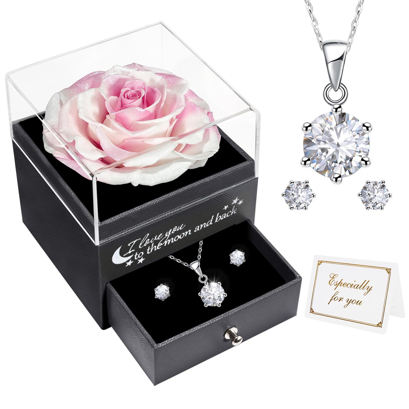 Miofula Rosa Stabilizzata Regalo Donna, Rosa Eterna con Collana Donna Argento Orecchini Regali Mamma Compleanno Festa della Mamma, Fiori Scatola Regalo San Valentino Anniversario per Lei Fidanzata