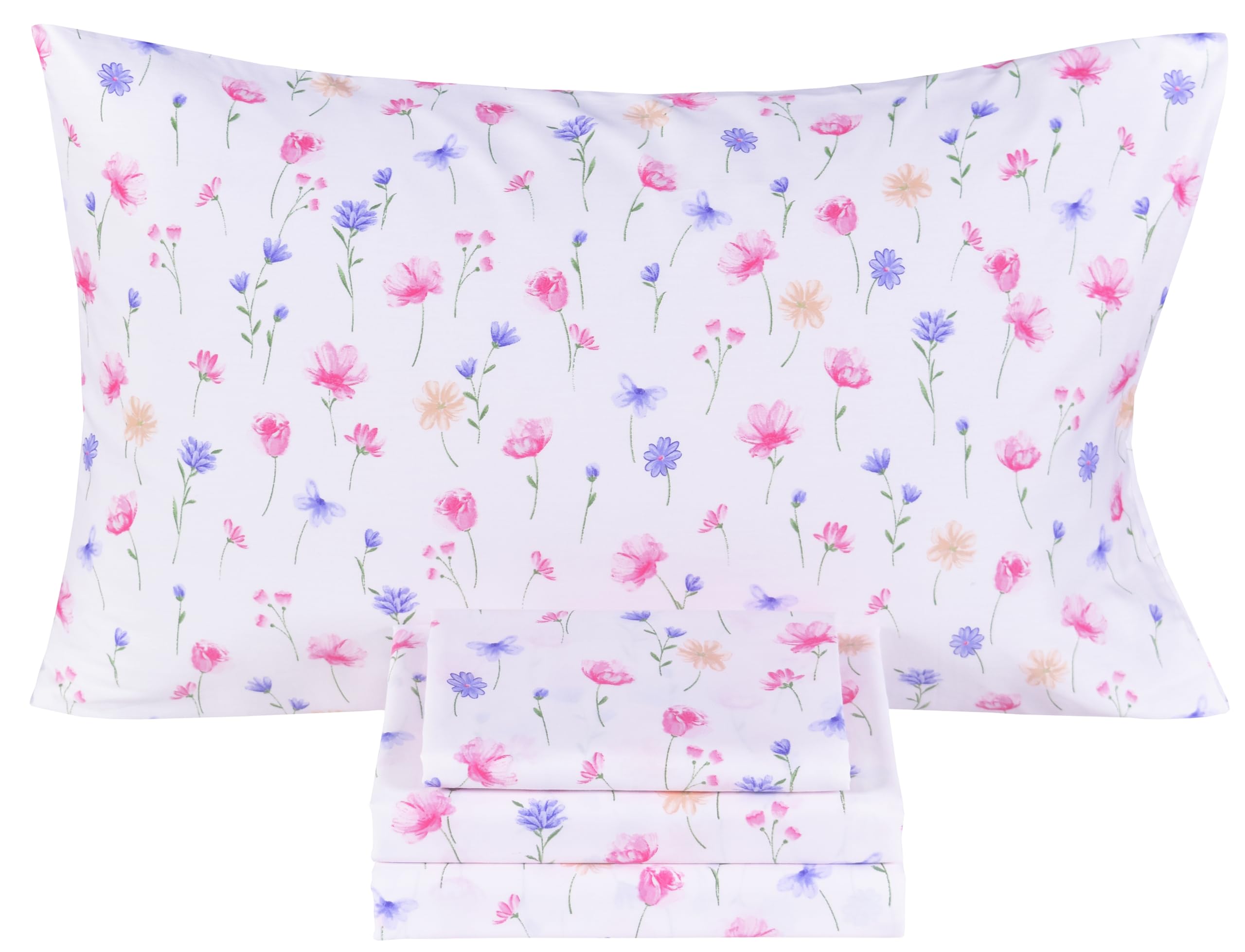 Scientific Sleep Flowers Dancing in the Wind Pink Boys Girls 100% Cotton 4 Pcs Full Bed Sheet Set Kids Toddler Teen, Flat Sheet &amp; Fitted Sheet &amp; Pillowcase Kids Bedding Set (Flowers, Full)