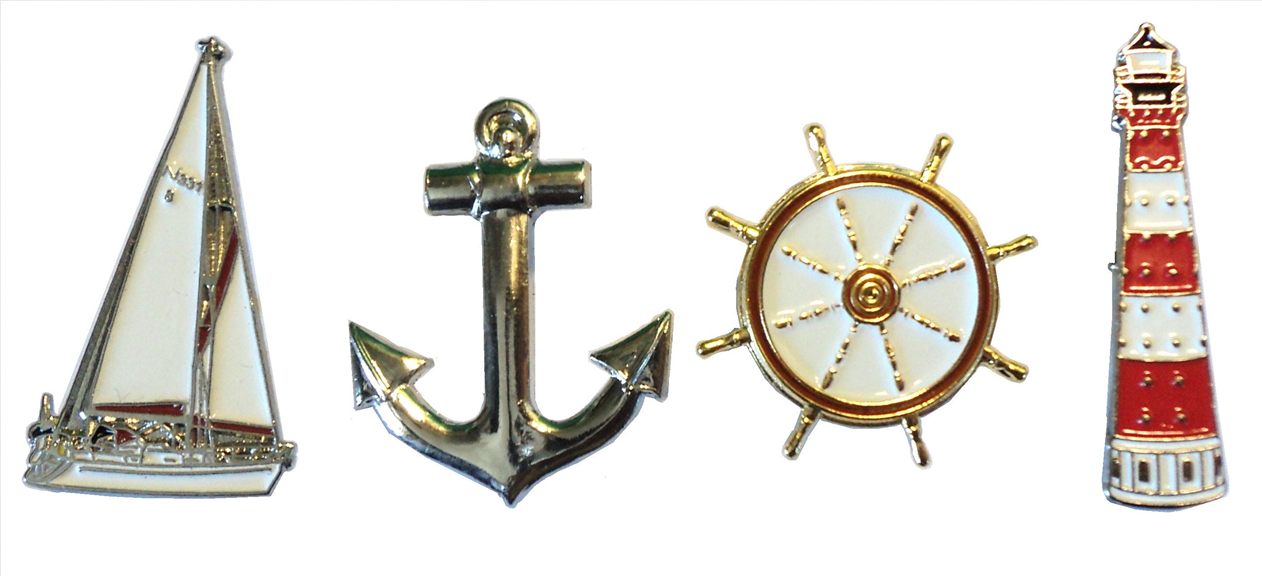 Set of Nautical Related Metal Badges Ship Anchor Lighthouse & Wheel