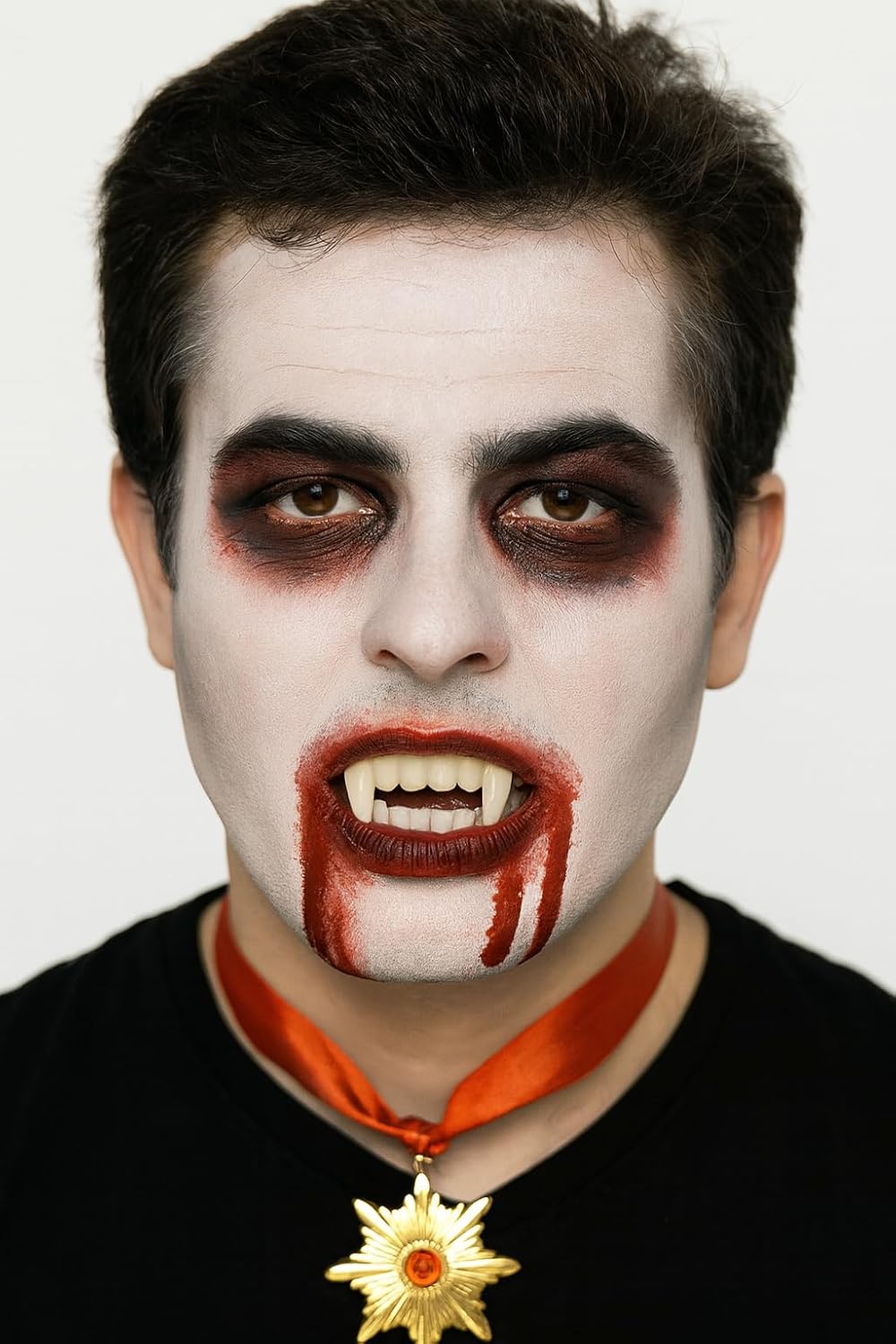 Kit Maquiagem Vampiro Halloween Completo – Sangue Falso, Dentes, Tintas Faciais, Esponja, Pincel e Medalha – Fantasia Assustadora para Festa, Cosplay e Fotos Criativas