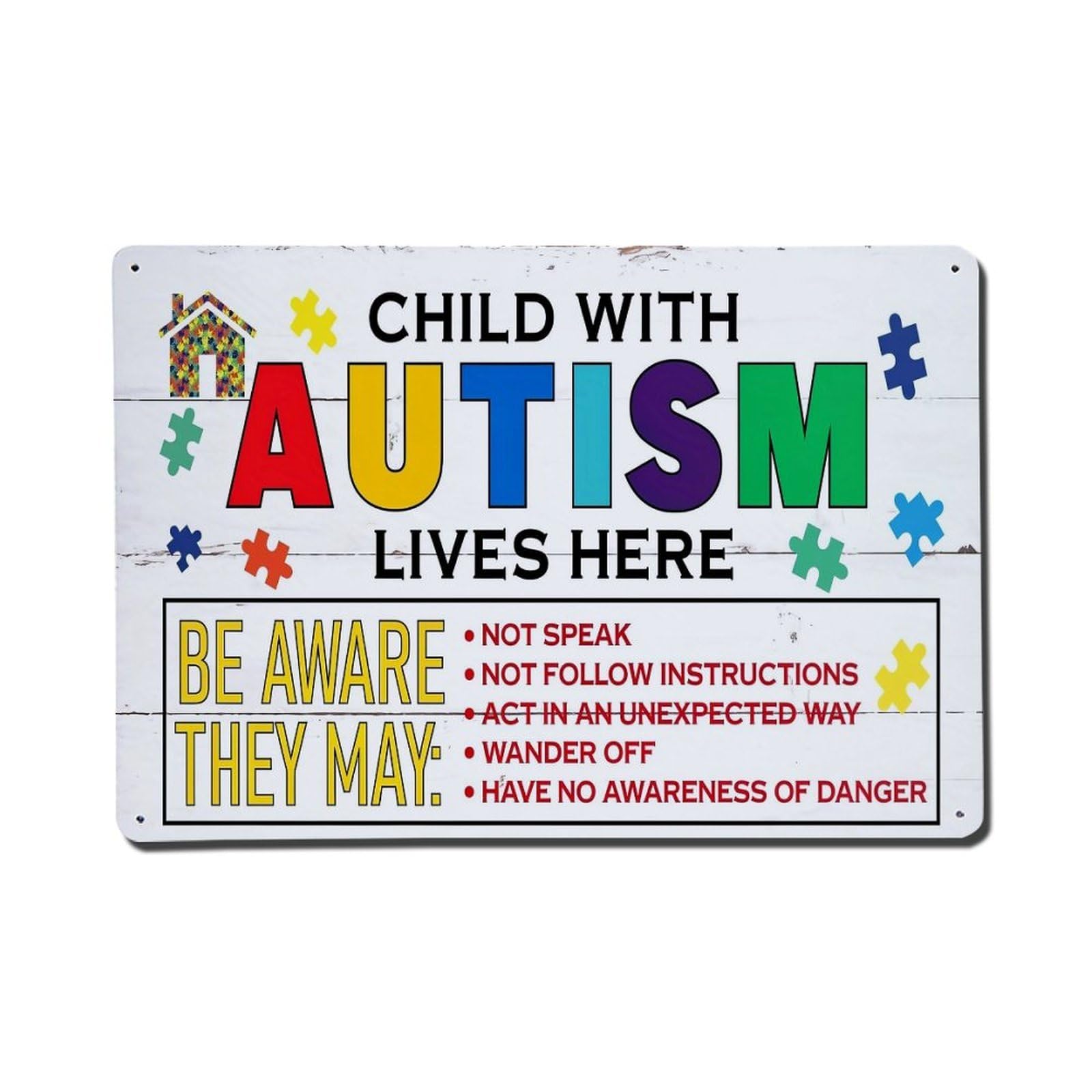 Child With Autism Lives Here Retro Metal Tin Sign, Vintage Metal Poster for Home, Gaming Room, Studio Workshop,Bar,Garage Wall Art Decor 8x12 Inch