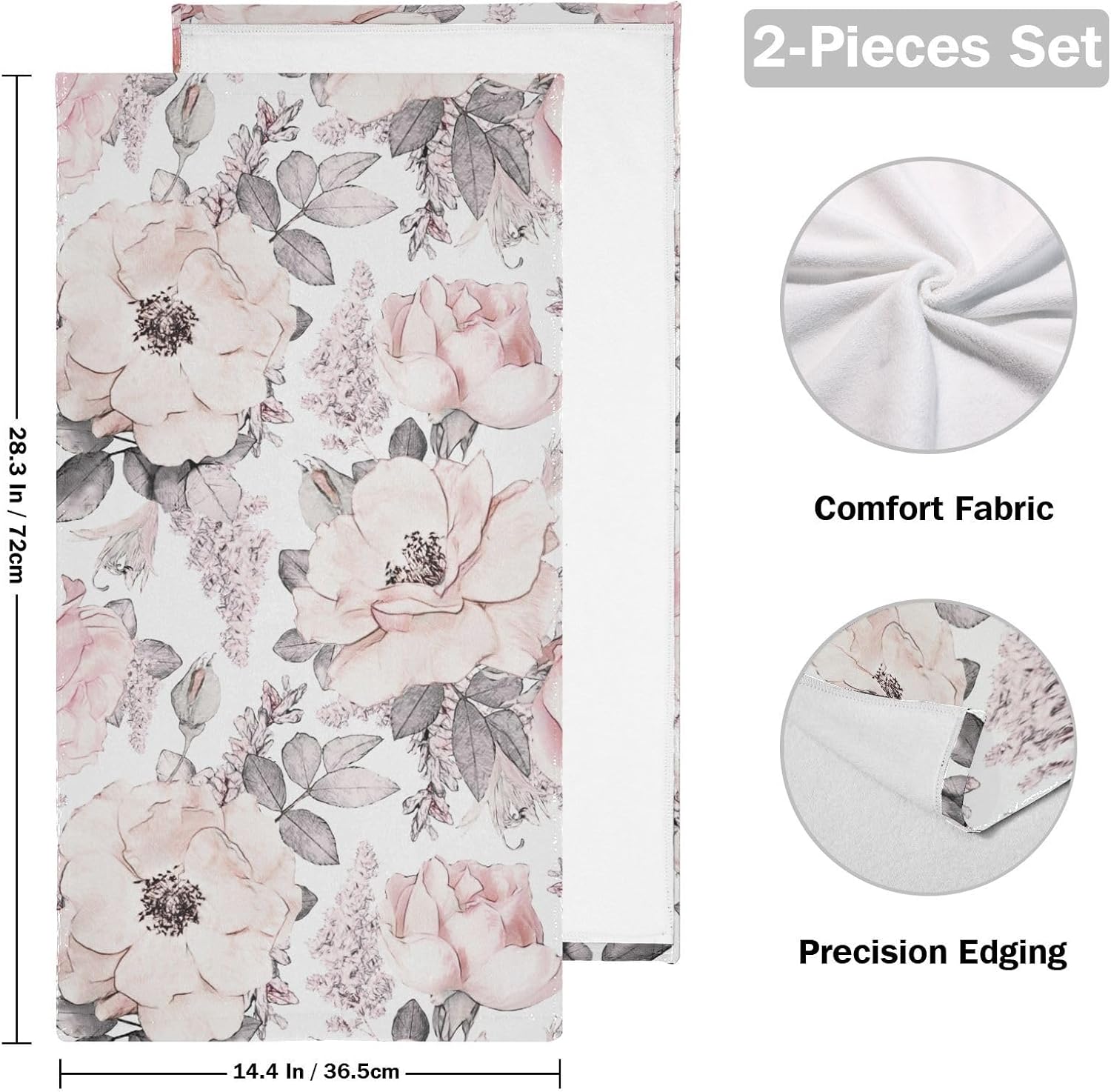 2 Pack Watercolor Pink Grey Flower Hand Towels Soft Absorbent Vintage Blossom Rose Floral Gray Leave Bathroom Decor 14"x28" Guest Face Bath Towels,Decorative Towels for Bathroom,Kitchen,Spa - Image 2