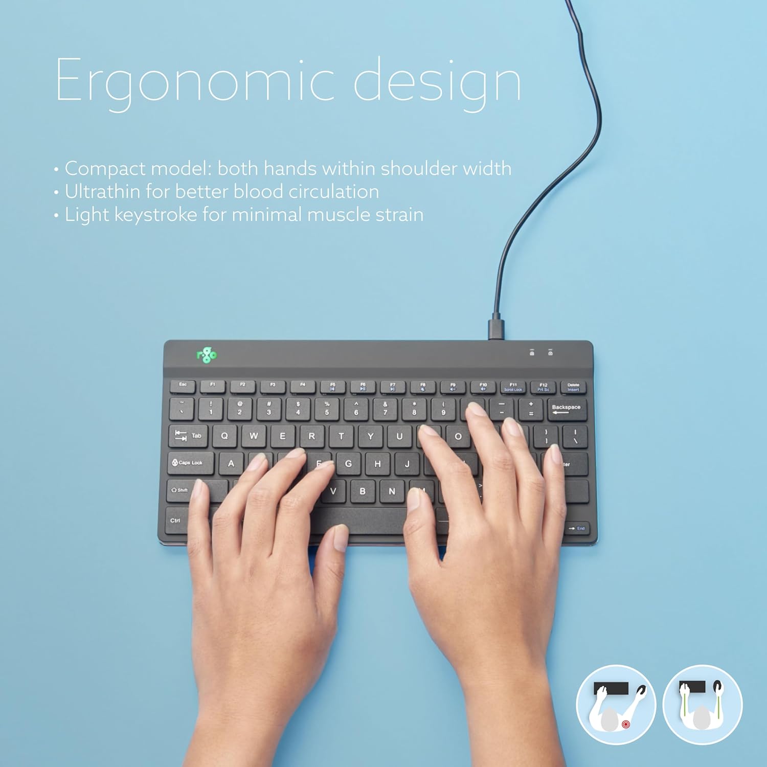 Hands on R-Go Compact Keyboard demonstrating ergonomic posture