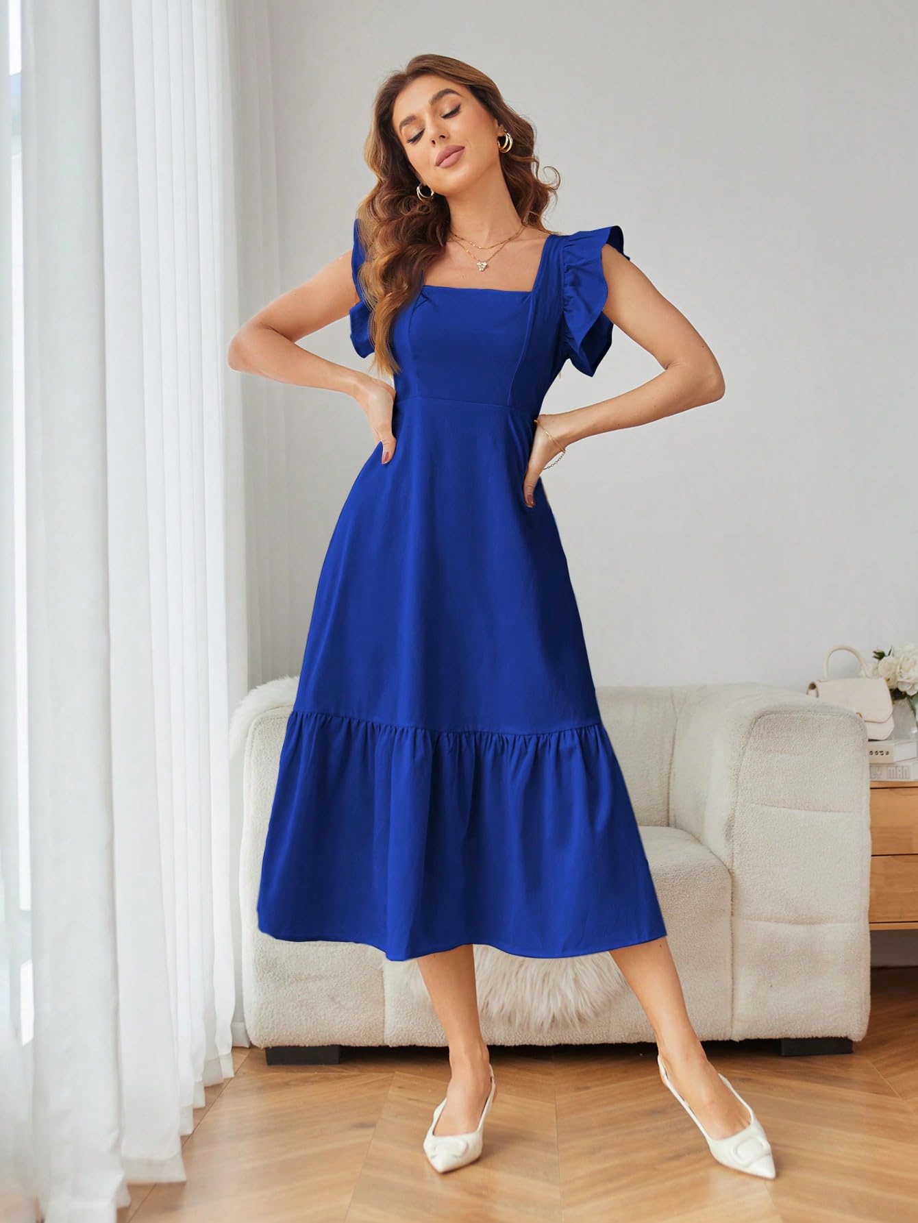 Shasmi Girl's & Women's Solid Royal Blue Color Square Neck, Ruffle-Trimmed Hem Sleeveless, Ruffle Armhole and Casual Dress with Cinched Waist Vacation Outfits Woman (Dress 162 R Blue-S) - Image 6 thumbnail