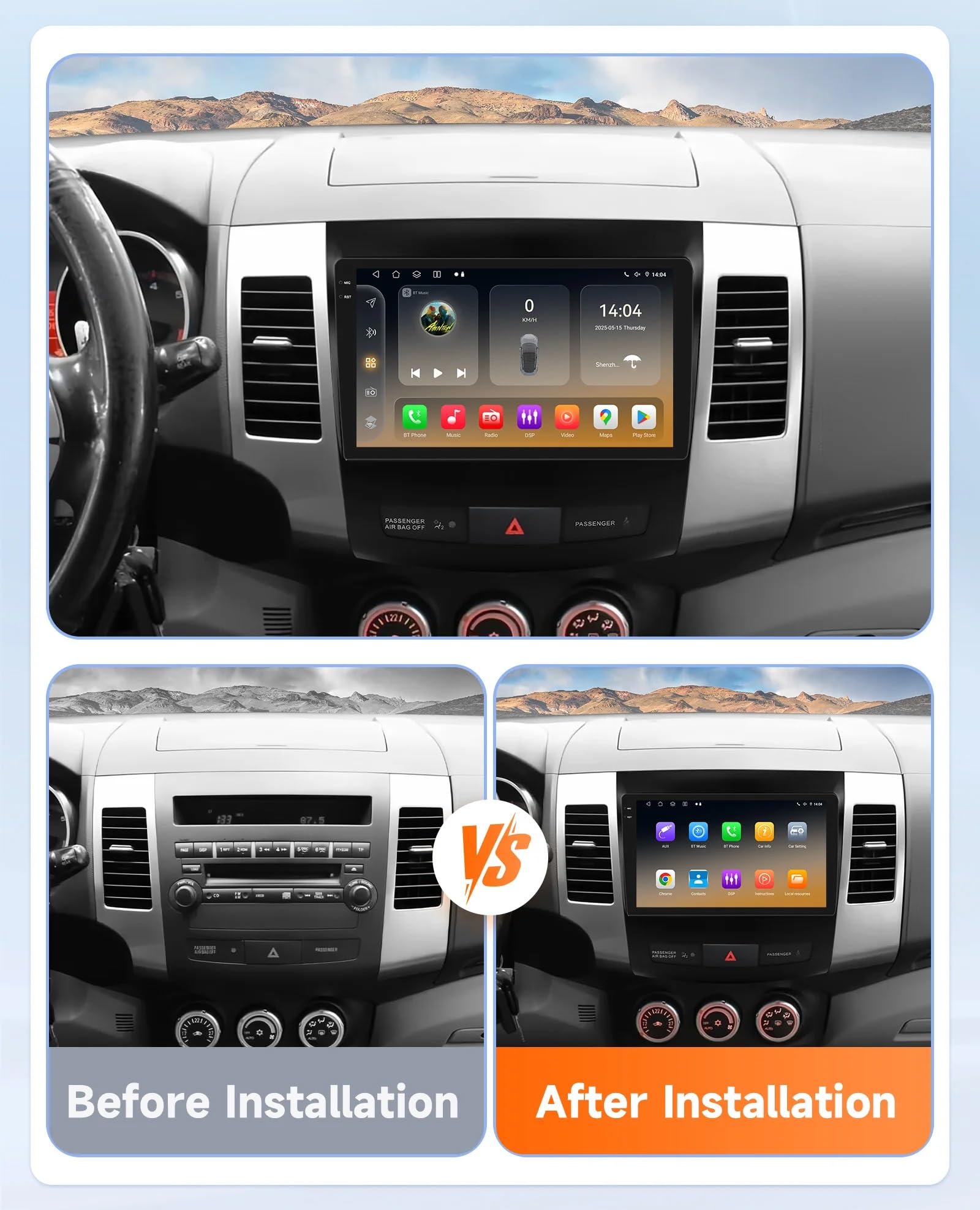 Radio samochodowe Android 15 2 DIN z 9-calowym ekranem dotykowym do Mitsubishi Outlander 2 2005-2012 z kamerą cofania/Carplay/BT/FM/GPS/USB/WIFI/sterowaniem z kierownicy/audio samochodowe (E