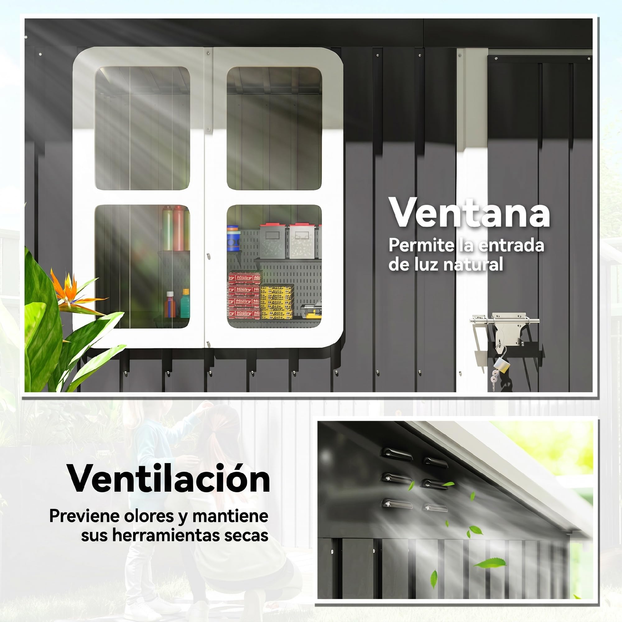 Outsunny Caseta de Jardín Exterior 2,55 m² 221x133x190 cm Gris Oscuro | Cobertizo de Jardín Metálico, Ventana, Puerta con Cerradura y Ventilaciones, para Almacenamiento de Herramientas
