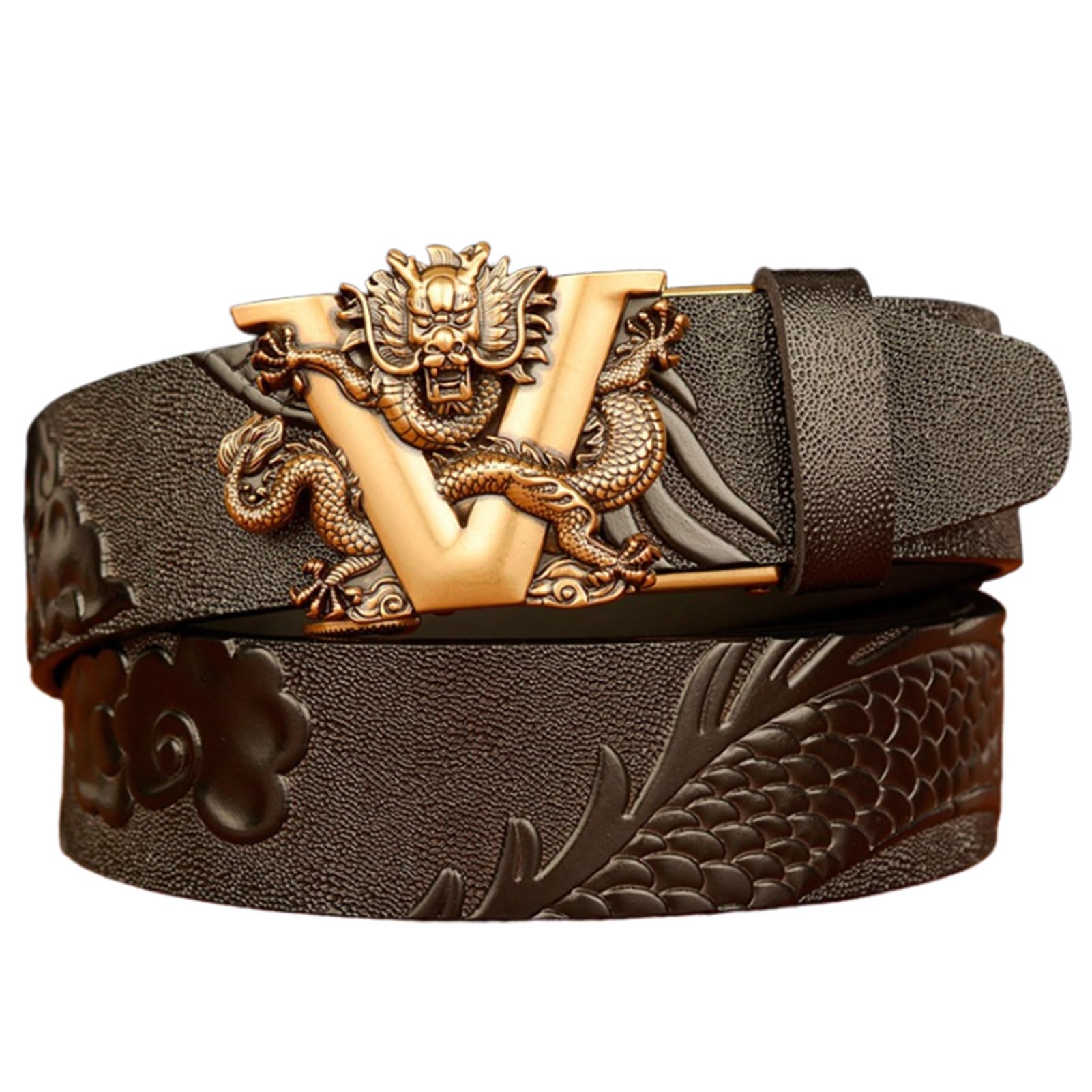Cinturón De Vestir De Carraca para Hombre Hebilla Automática Deslizante Dragón Tallado Occidental En Relieve Cuero De Vaca De Grano Completo Correa De Grueso(110cm/43, Dragon-H)