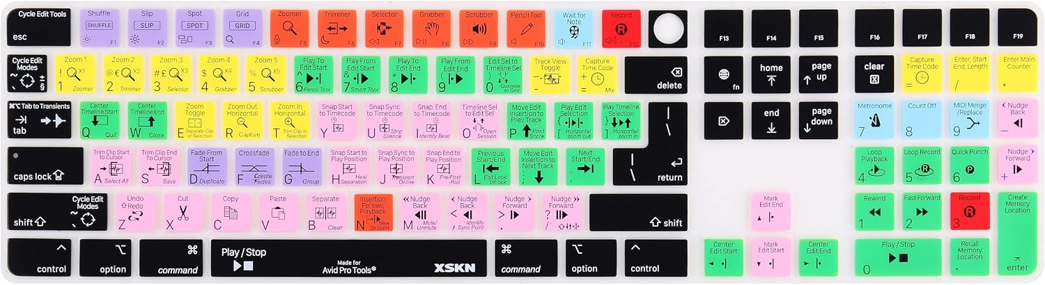 XSKN Avid Pro Tools Shortcuts EU&US Universal Version Silicone Keyboard Cover Skin for 2024 iMac 24 inch M4 Magic Keyboard with Touch ID and Numeric Keypad (A3119)