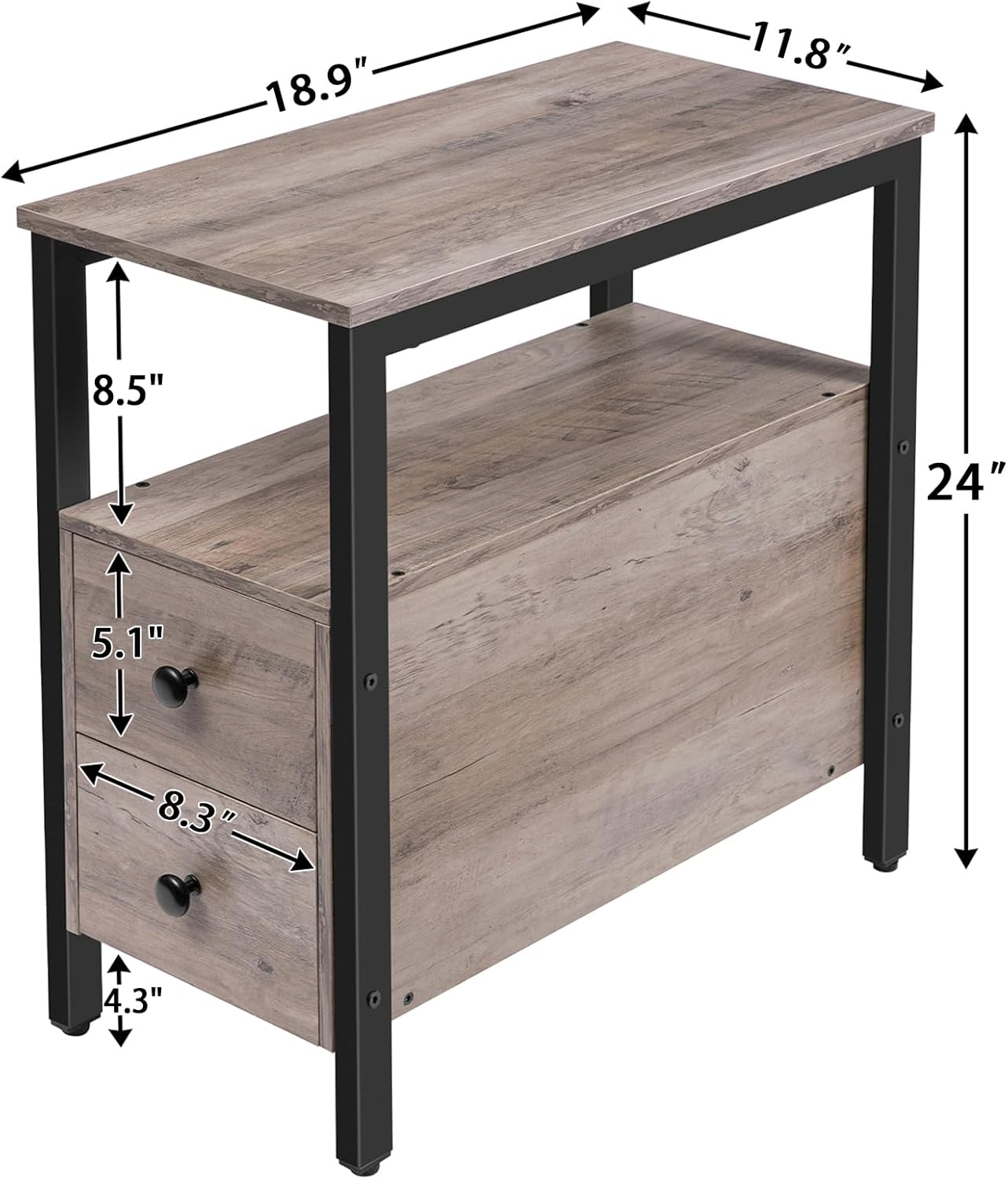 HOOBRO End Table, Narrow Chairside Table with Drawer and Open Storage Shelf, Nightstand for Small Spaces, Stable and Sturdy Construction, Wooden Look Accent Furniture, Greige and Black BG548BZ01G2