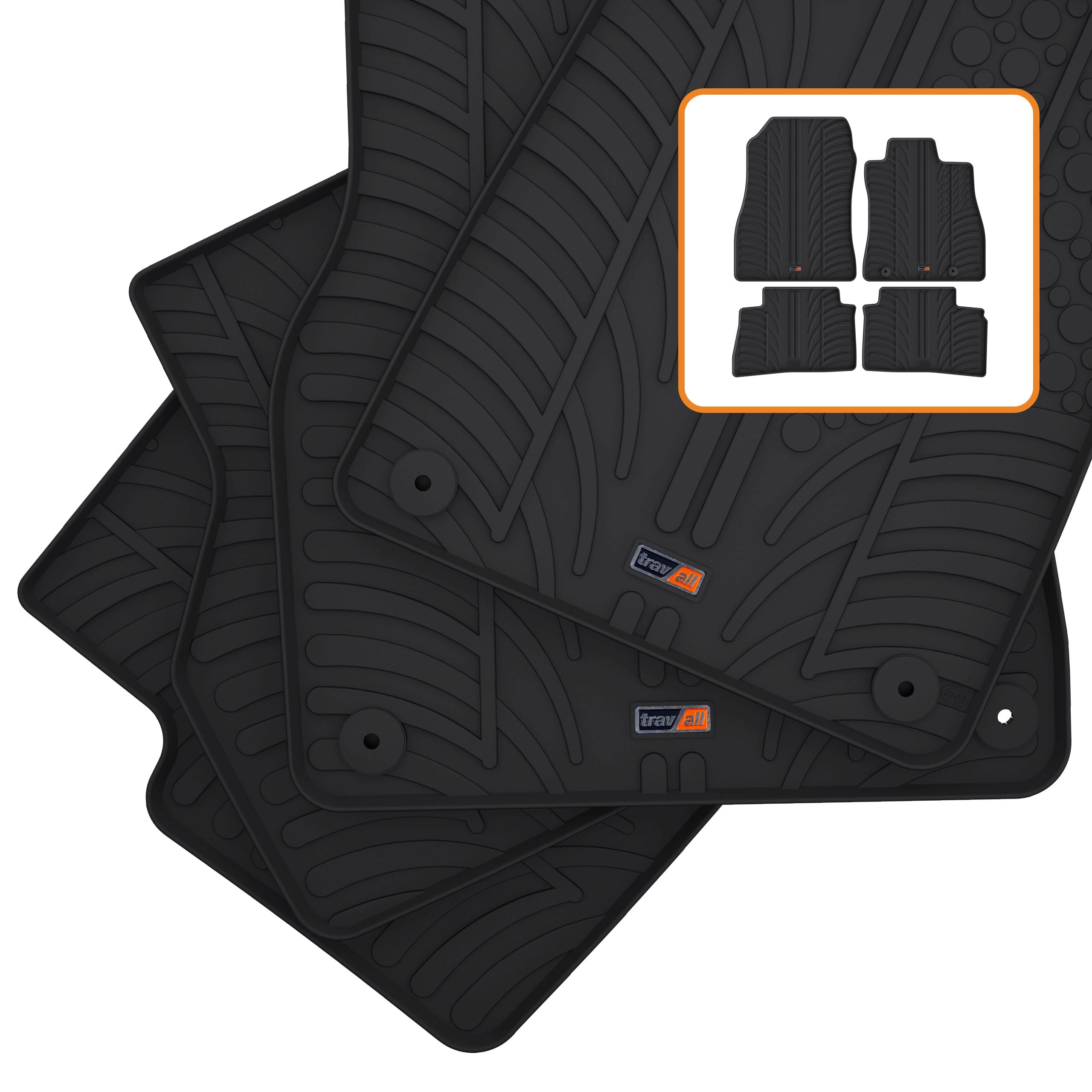 TRAVALL Rubber Car Mats (set of 4) compatible with Nissan Juke (2010-2019) Heavy Duty Floor Mats Moulded Premium Mats Easy Clean Black with Clips - Anti Slip All-Weather Protection