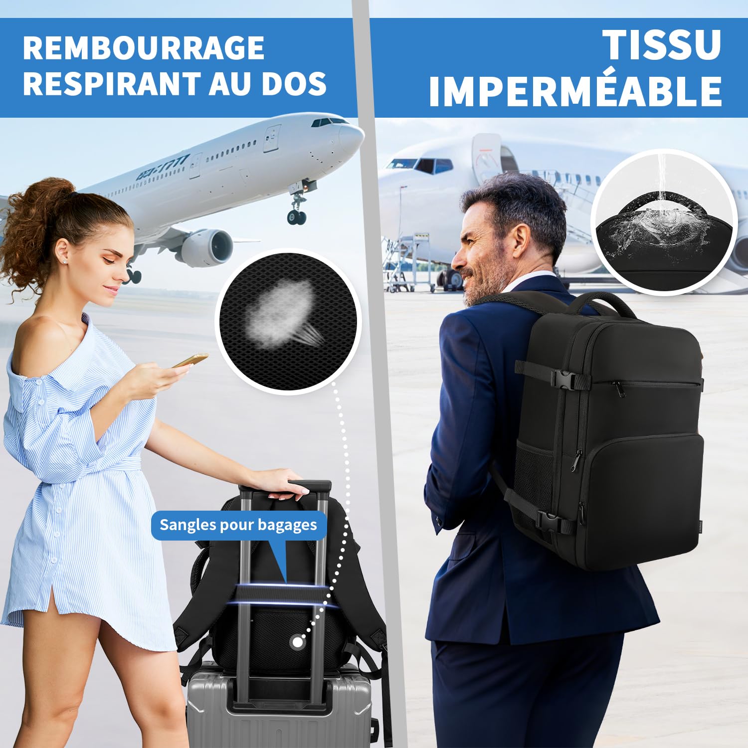 ZOMFELT Bagage Cabine 40x30x20, 24L Sac à Dos Voyage Cabine Avion pour Wizzair Eurowings Ryanair, Étanche Sac Cabine Avion 40x30x20 Sac de Voyage Femme Homme, Sac à dos cabine pour PC 15 pouces Noir