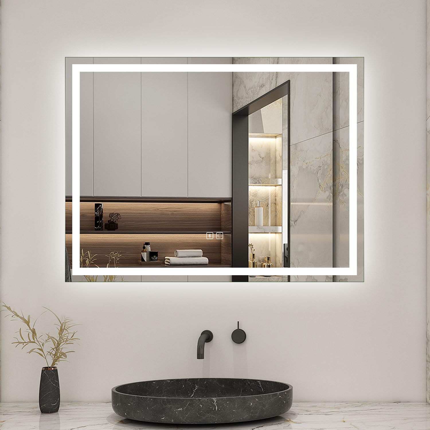Biubiubath 600x800mm Bluetooth Bathroom LED Mirror with Shaver Socket and 2 USB Ports Dimmable 3 Colour with Demister Pad Touch Sensor Wall Switch Control Lights Vertical Horizontal