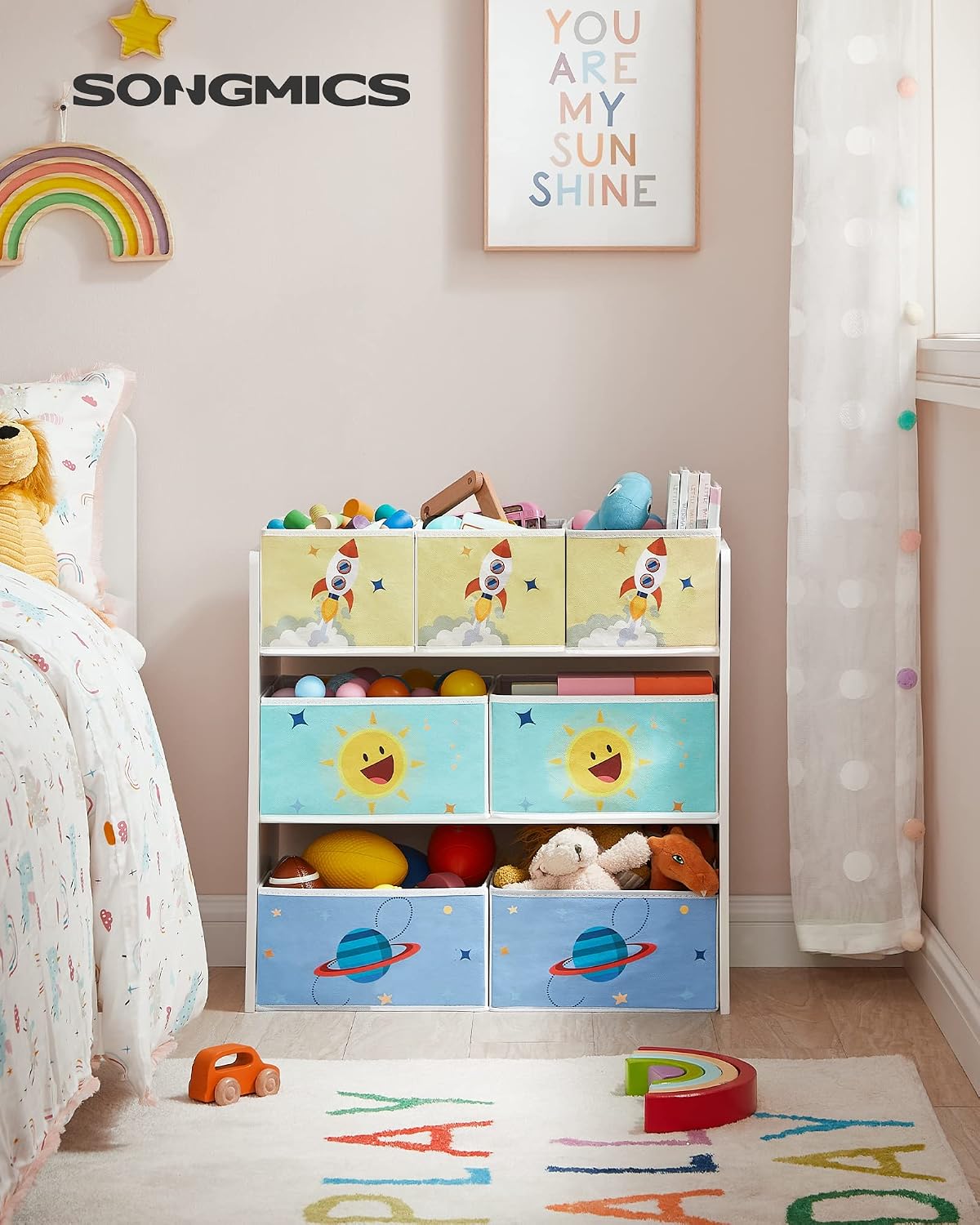 SONGMICS Children's Room Shelf, Toy Shelf with 7 Non-Woven Fabric Storage Boxes, Children's Bookcase, Children's Shelf for Toys, Toy Organiser, 29.5 x 62.5 x 60 cm, White GKR034W01