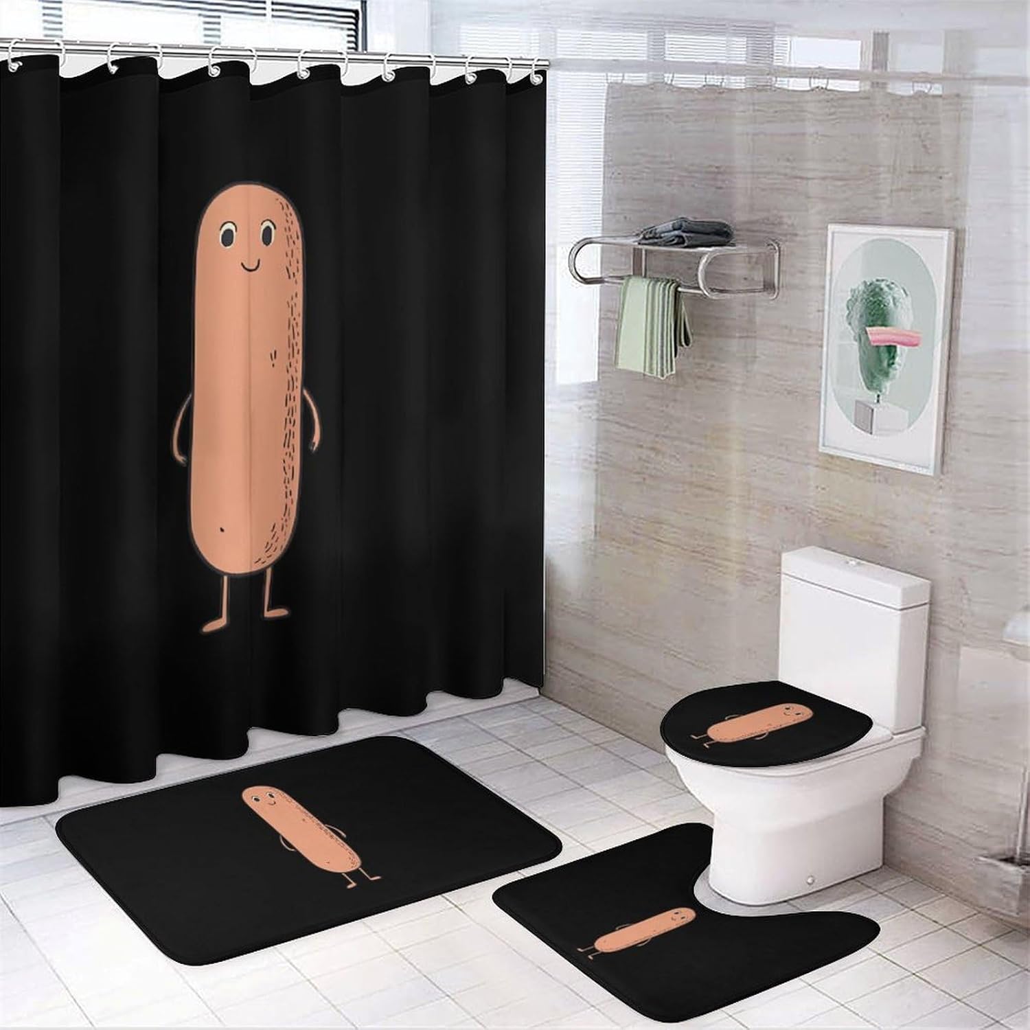 Sausage Modern Bathroom Sets with Shower Curtain and Rugs Decor 4 Pcs with 12 Hooks