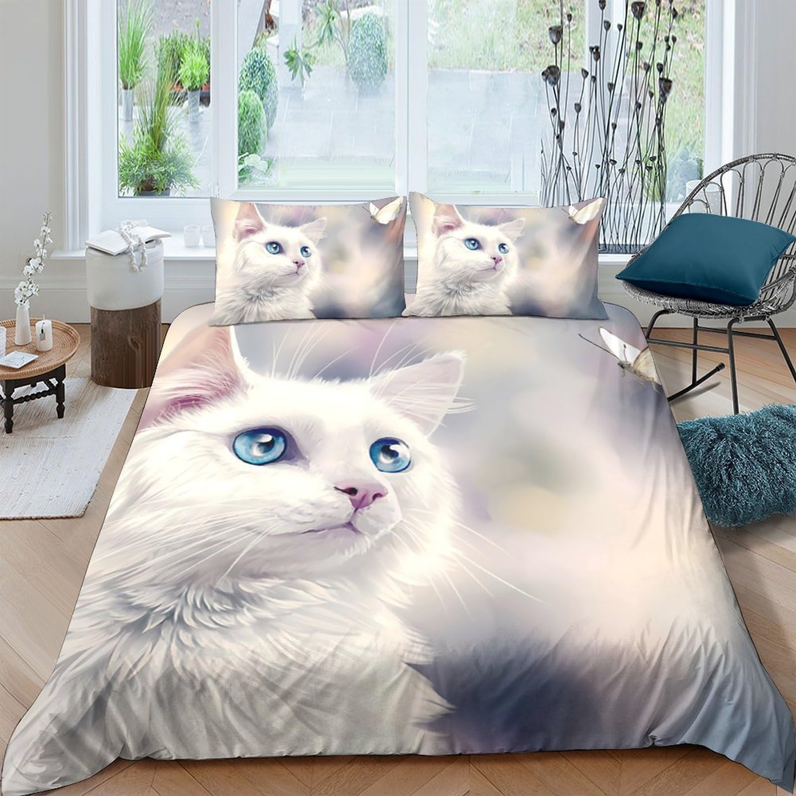 GPLZQXKJNH 3D Printed White Cat Duvet Cover Microfiber Soft Breathable Blue Eyes Bedding Set with 2 Pillowcases for Bedroom Decor Single（135x200cm）