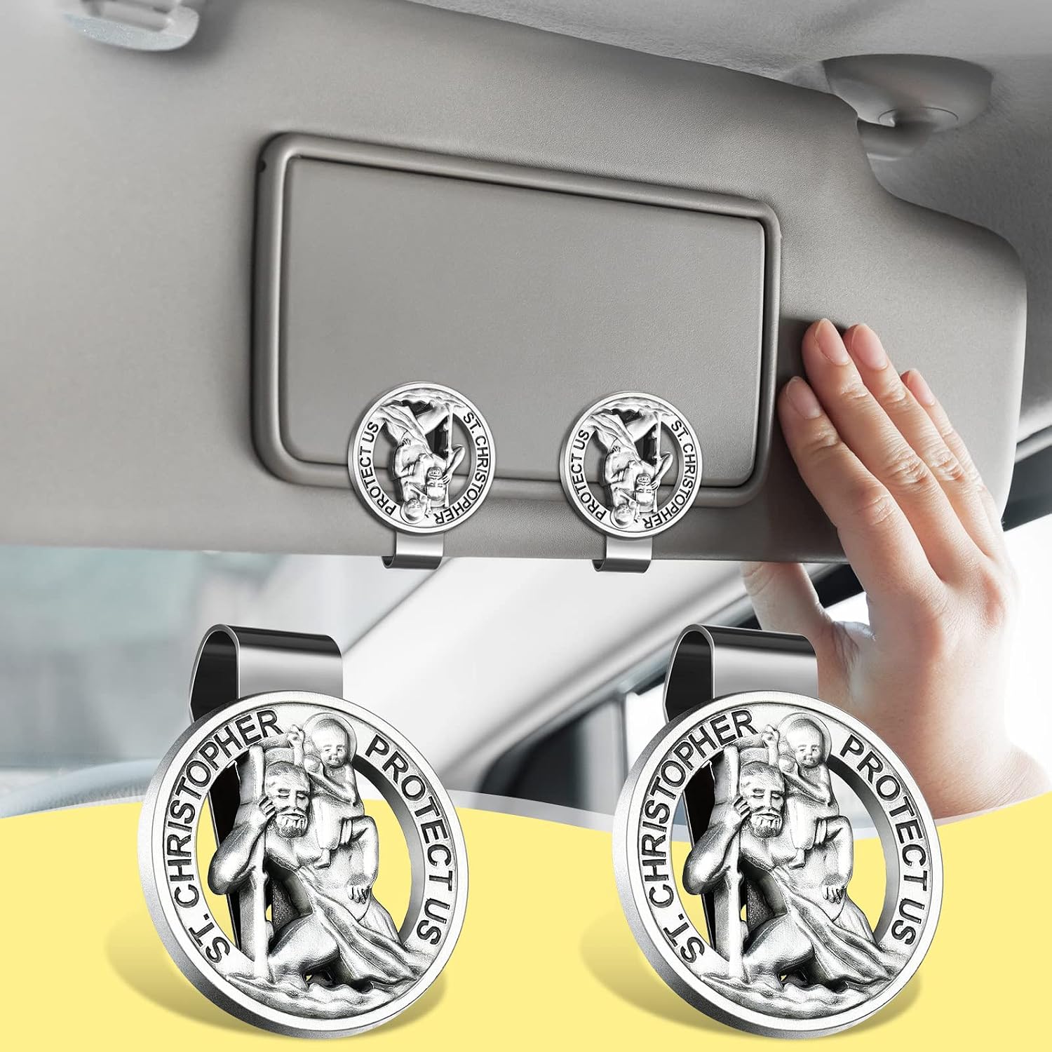 8 Pcs St Christopher Medal for Car Round Saint Christopher Visor Clip St Christopher Medal Clip Metal Saint Car Accessories Catholic Visor Bless Driving Safety Clip Religious Presents for Driver