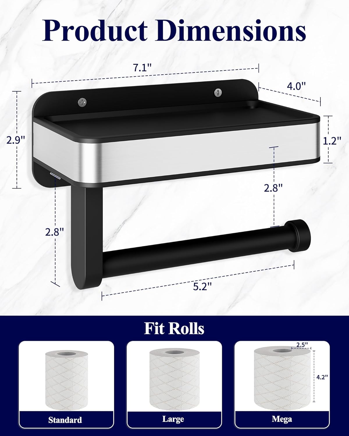 Kitsure Toilet Paper Holder with Shelf - Adhesive & Screw Wall Mount Toilet Paper Storage, Matte Black Design for Bathroom Decor, Space-Saving for Washroom, RV, Black, 7.1" W