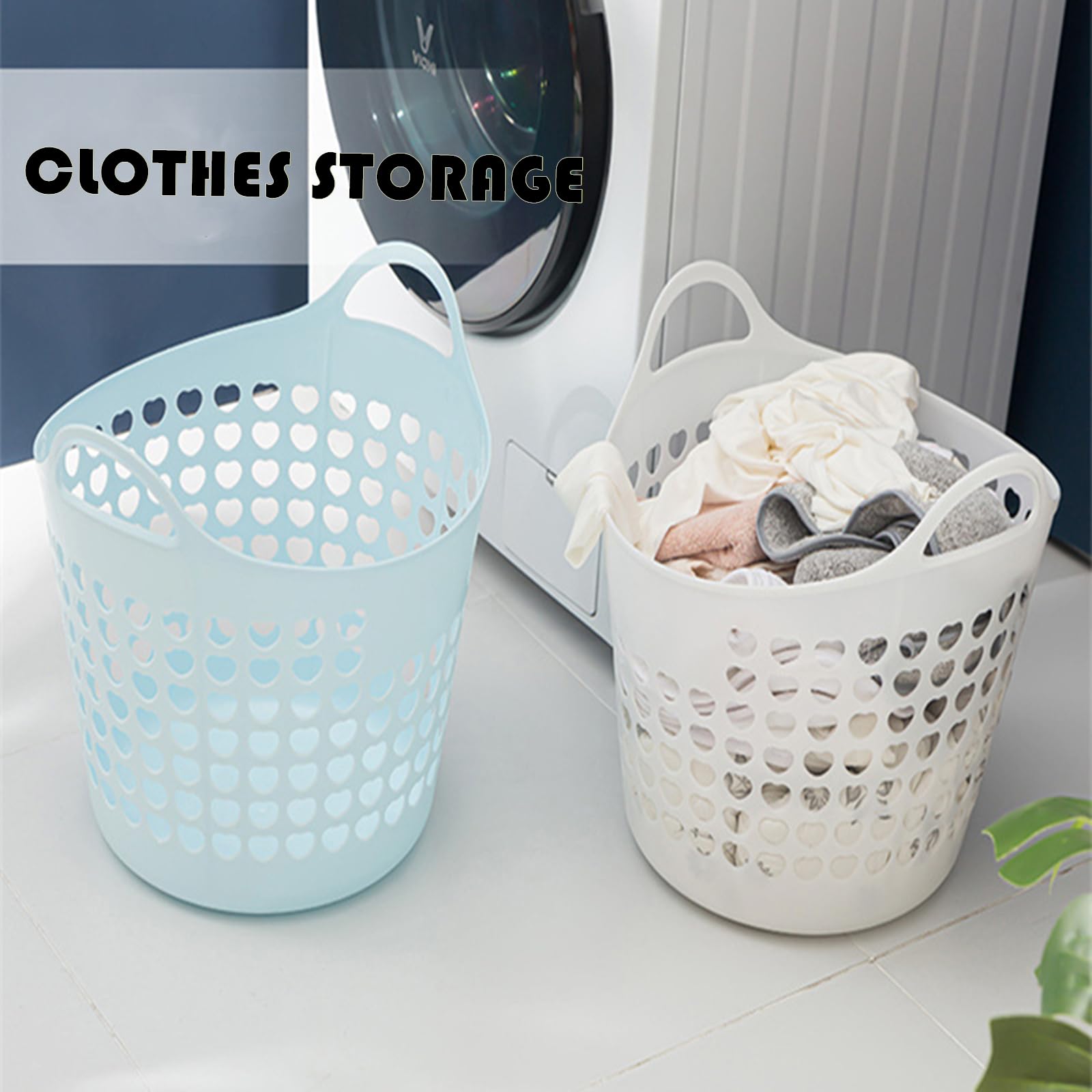 Cesto portabiancheria portatile con manici, rettangolare, in plastica, per vestiti, camera da letto e conservazione (blu, grande)