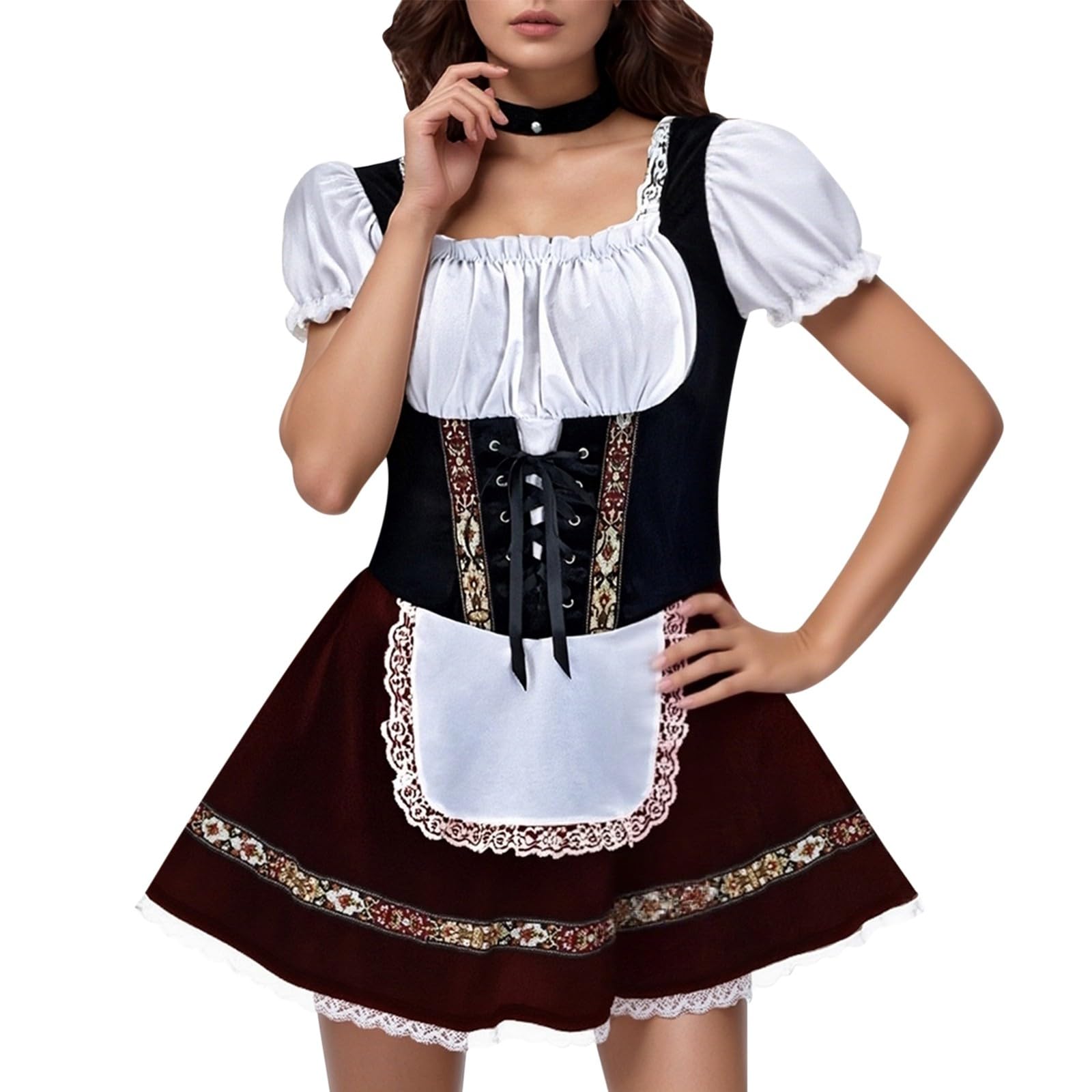 Women's Oktoberfest Outfit German Beer Bavarnian Dress Traditional Puff Short Sleeve Halloween Costumes for Womens, S-4XL