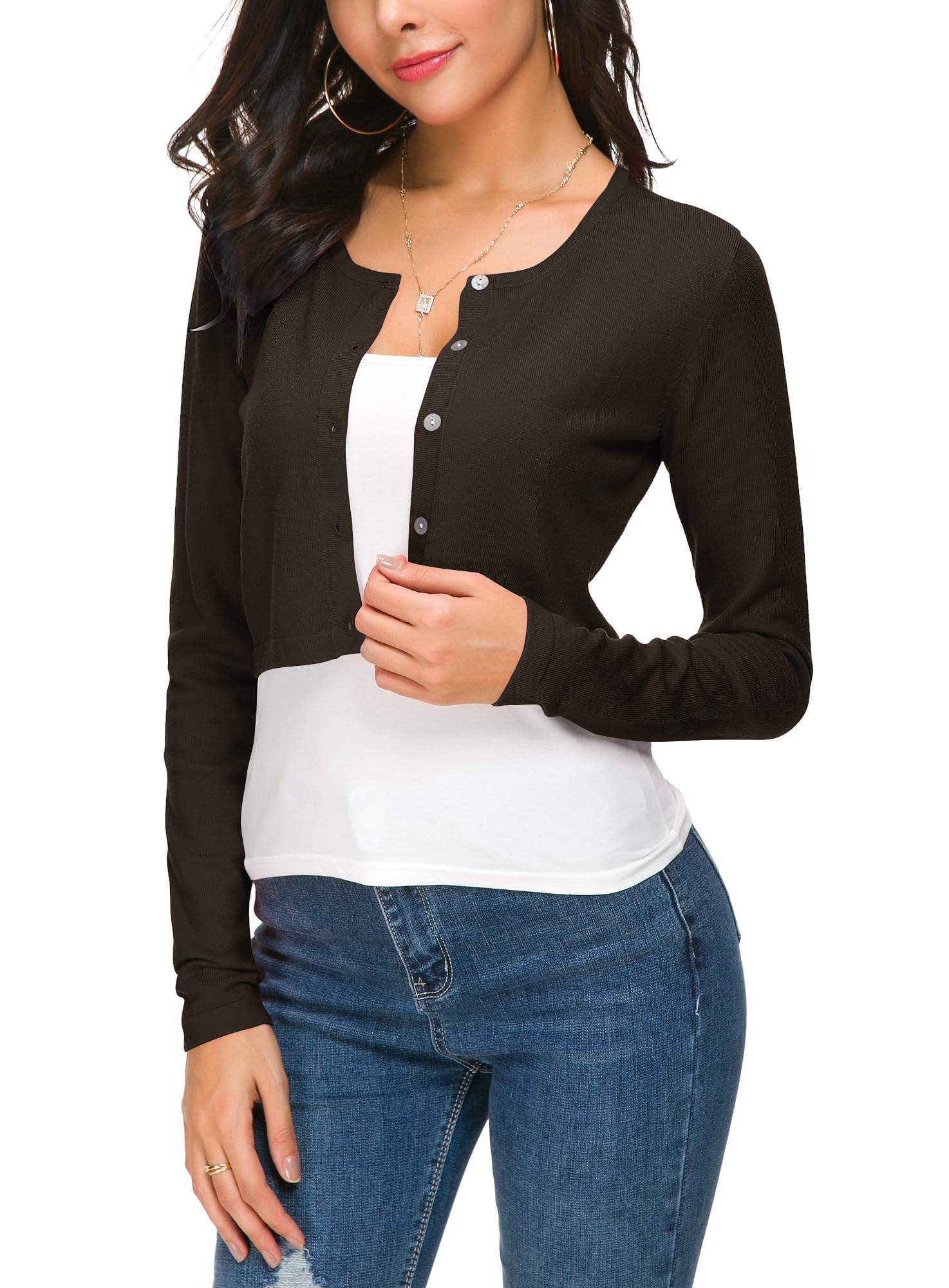 EXCHIC Damen Elegant Langarm Bolero Strickjacke mit Knöpfe Rundhals Festlich Gestrickte Shrug Kurz Cardigan für Kleider