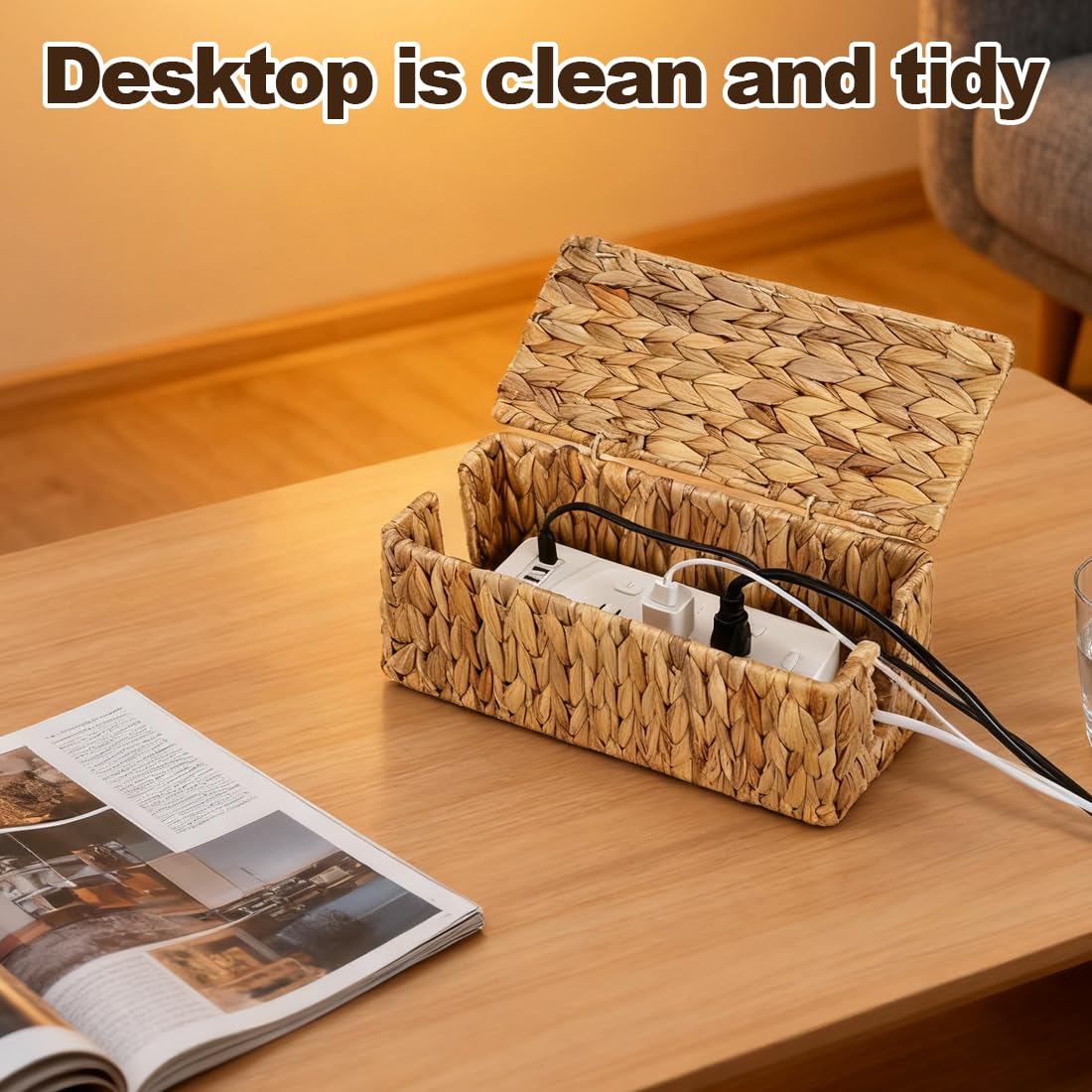 LOMUG 2 Stück Handgefertigte Wasserhyazinthe Kabelbox, Kabelbox mit Steckdosenleiste mit Abdeckung, Kabelmanagementbox mit Seitlicher Öffnung zum Verstecken von Kabeln, Geeignet für Büro, Zuhause