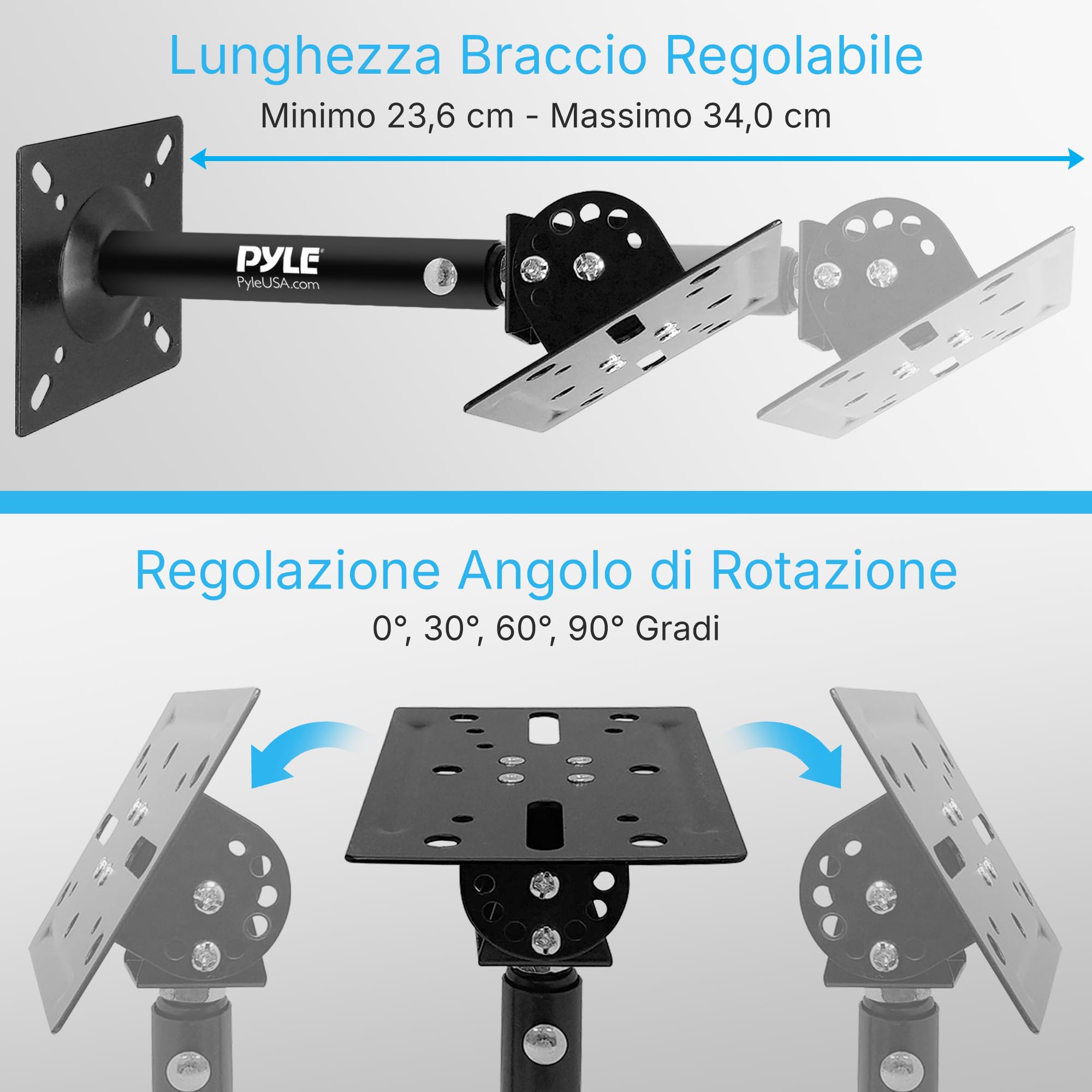 Pyle Supporto Casse Audio da Parete e Soffitto con Braccio Telescopico Regolabile per DJ, Cassa Bluetooth e Speaker, Inclinazione e Rotazione per Sistema Audio Casa, Nero, Coppia