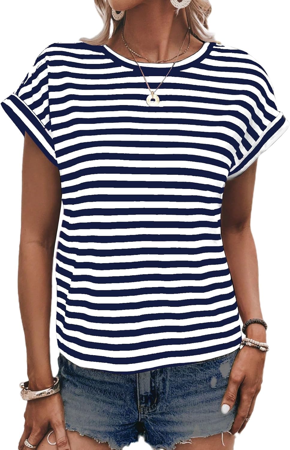 LilyCoco Womens Striped Open Back Tops Criss Cross Back Batwing Sleeve T Shirt - Image 6