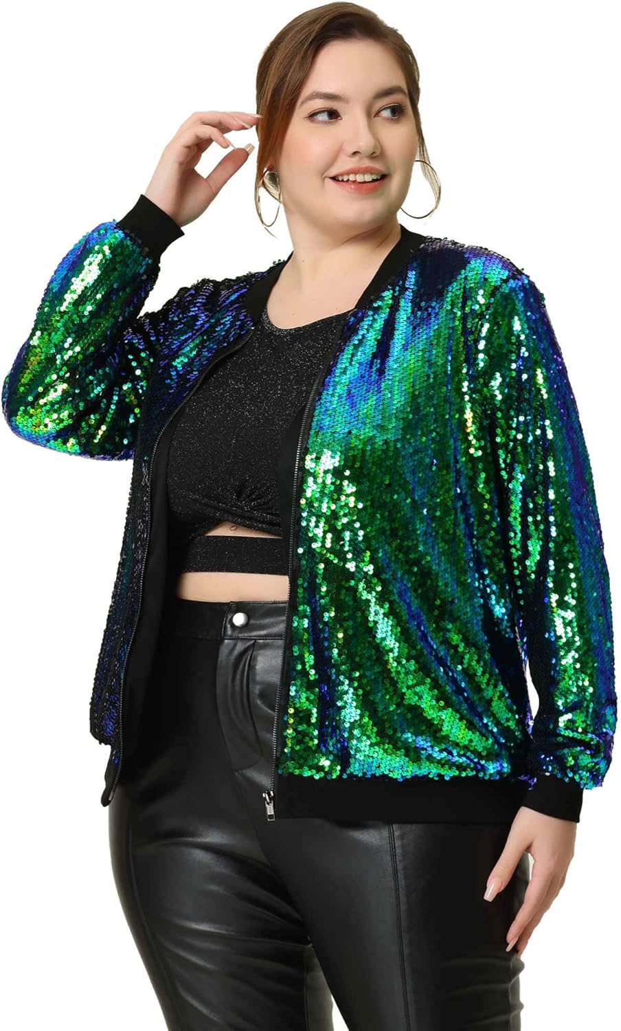 Agnes Orinda Plus Size Sequin Bomber Jackets for Women 2025 Sparkle Shiny Glitter Party Concert Outfits