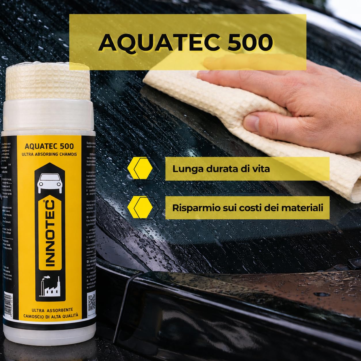 INNOTEC Aquatec 500 – Camoscio in pelle ultra assorbente per auto, moto e vernice automobilistica – Asciugatura senza striature su cromo, vetro e superfici verniciate dopo il lavaggio del veicolo