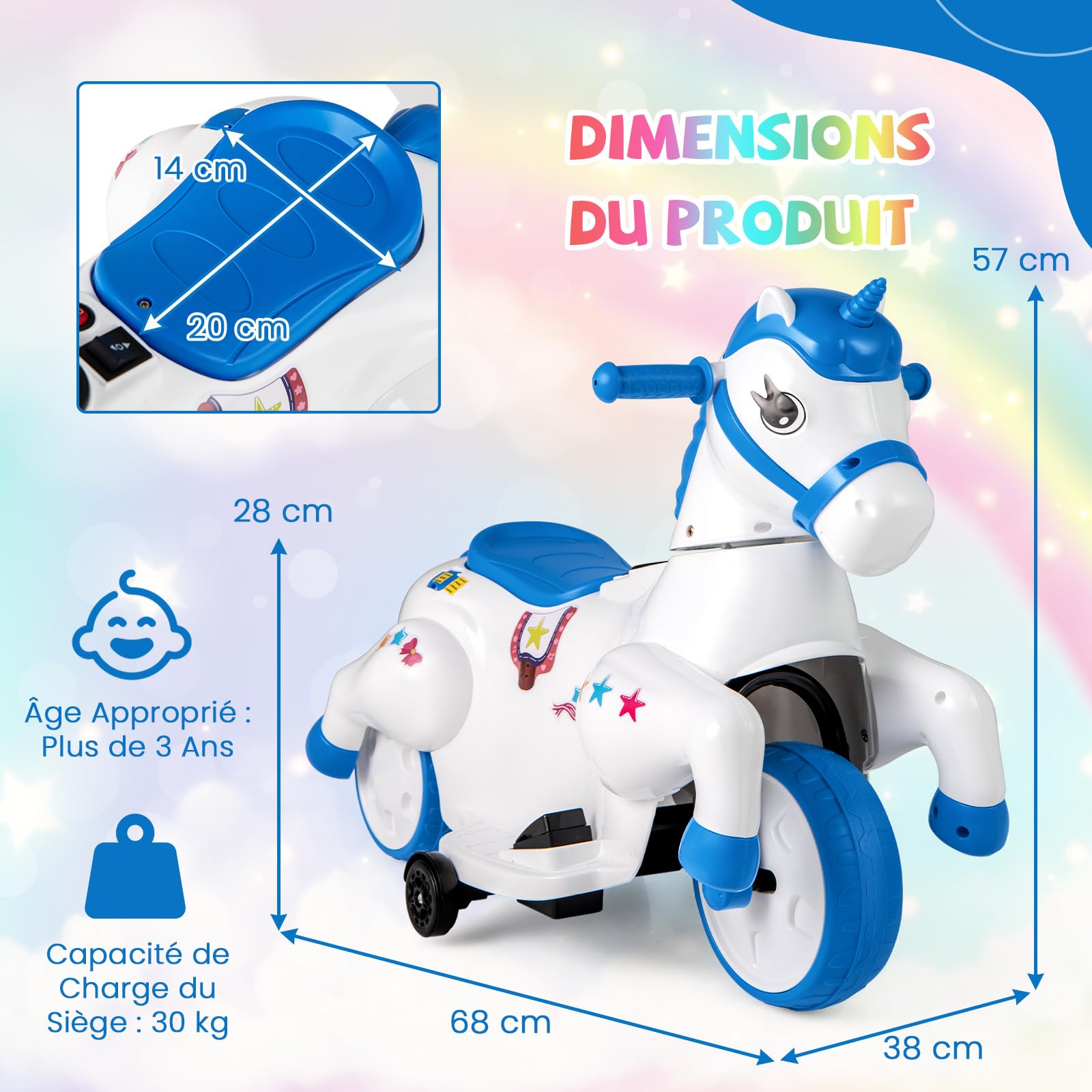 GOPLUS Voiture Porteur à Bascule Licorne 12V Enfants avec 3 Roues et Roues d'Appui, Voiture avec Musique pour Enfants 3 Ans+, Blanc Bleu
