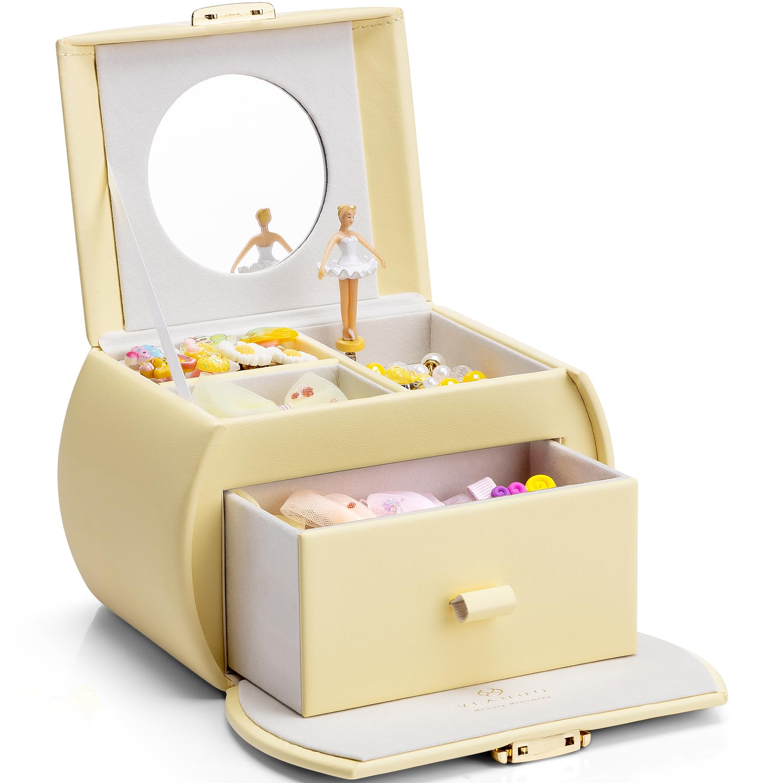Vlando Musical Jewelry Box for Girls Kids with Drawer, Music Box with Ballerina and Stickers for Birthday Bedroom Decor, Yellow