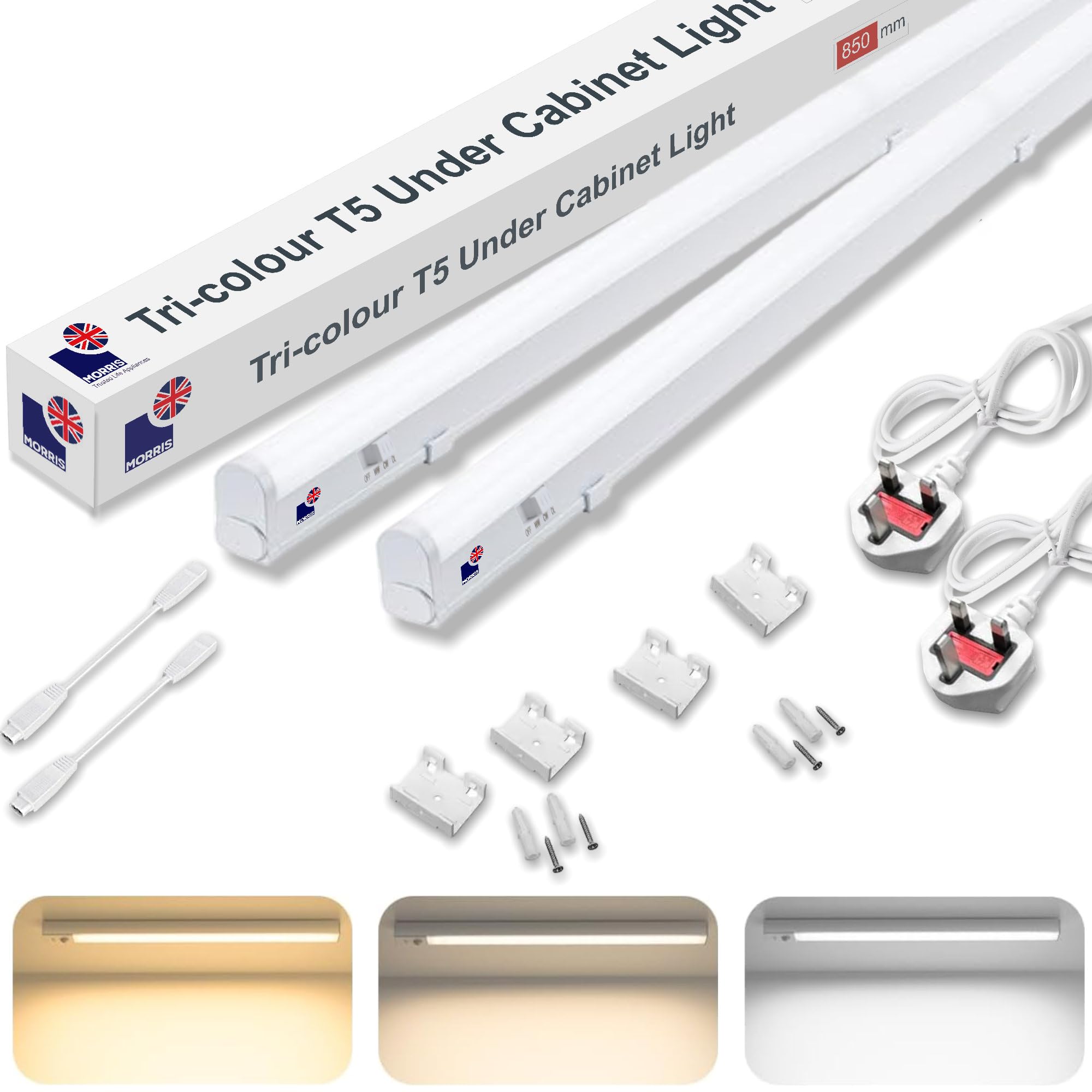 Morris LED Under Cabinet Light Linkable 3 Colours in 1 3000k/4000k/6500k Kitchen Light - UK Plug Included - 288mm, 550mm, 850mm,1150mm (850mm, 2 Pack)