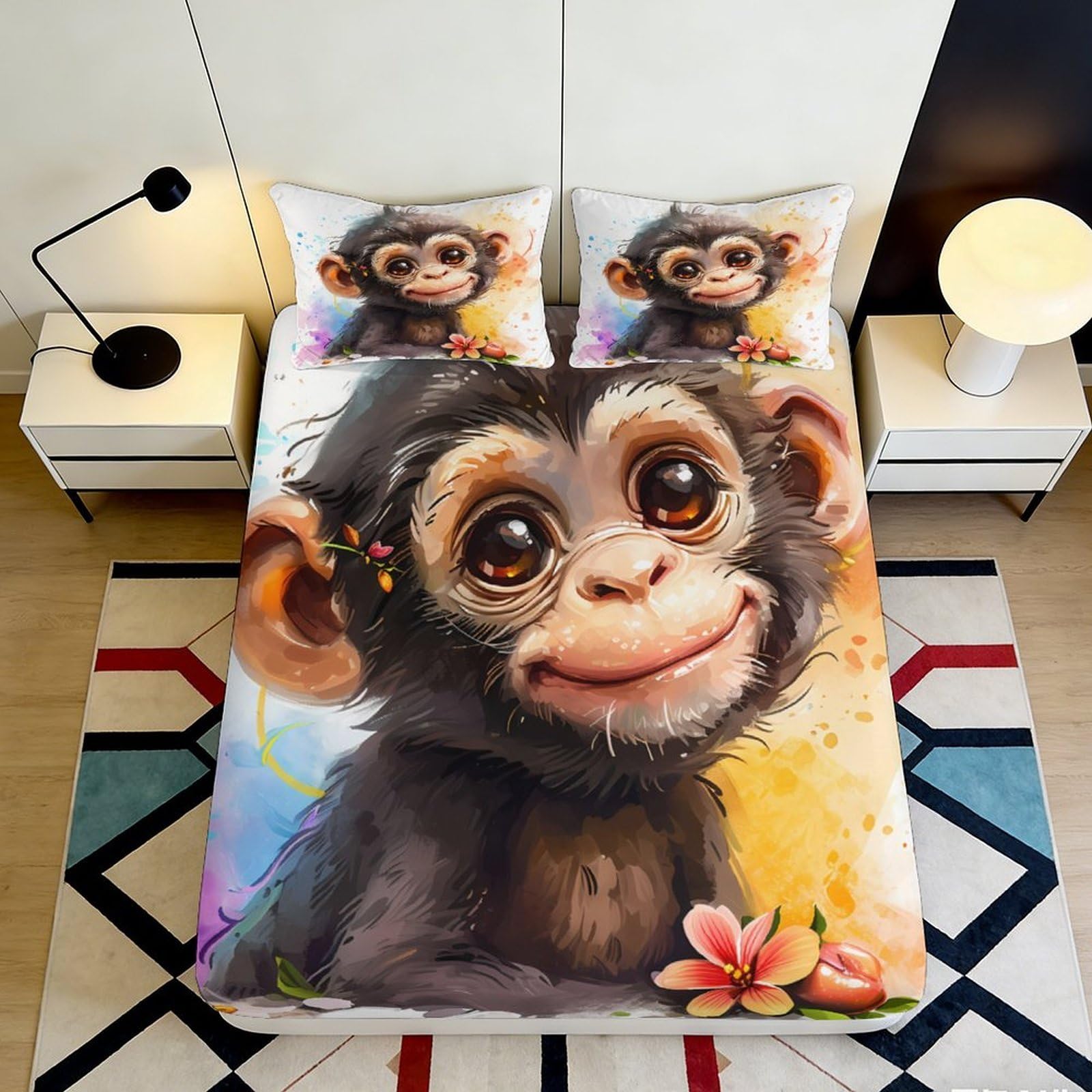 3D Printed Cute Monkey Fitted Sheet Microfiber Soft Breathable Jungle Animal Bed Cover for Bedroom Dorm Mattress Protection Decor 180x200x25cm