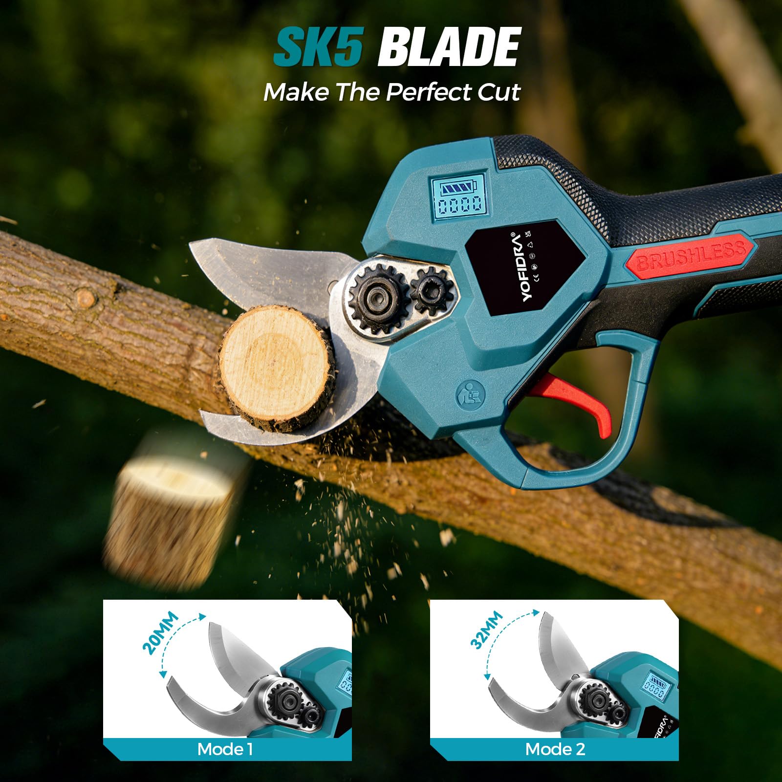 Yofidra 2-in-1 Akku Astschere Teleskop, 32mm Schnitt, Bürstenloser Motor, Elektrische Astschere mit Teleskopstange, 2x3,0Ah Batterien, LCD-Display, Max.4,1M, Gartenschere für Äste, Obstbäume