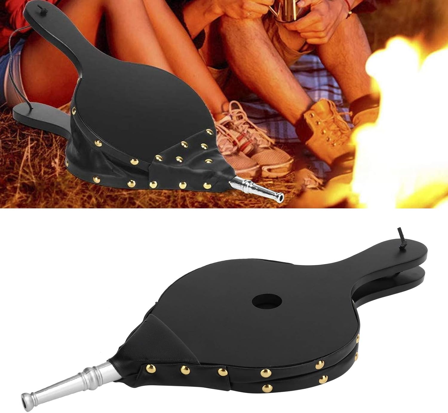 Fireplace Bellows, with Hanging Strap Heat‑Resistant Fire Bellow, Long Handle Wood and Leather Portable for Outdoor Camping Fireplace BBQ Grill(Silver Tube)