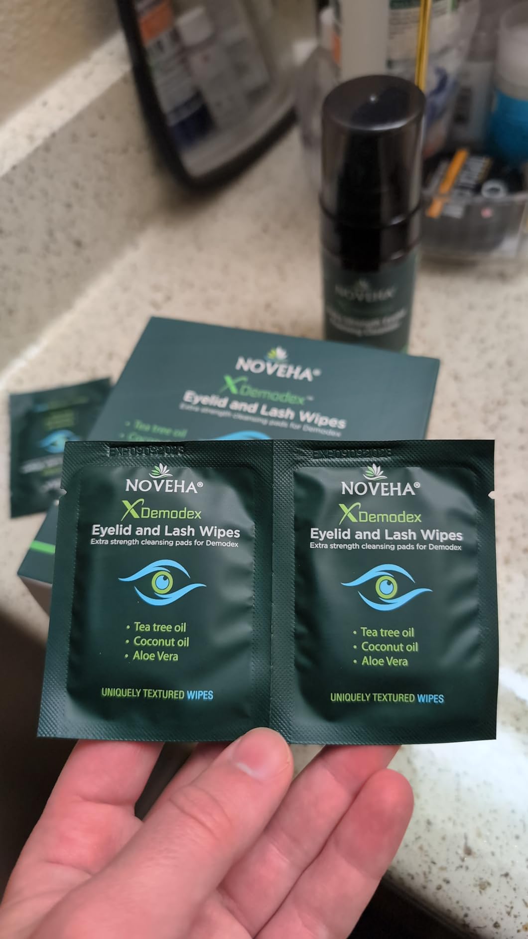 NOVEHA Demodex Eyelid & Lash Wipes | Box Of 60 Individually Wrapped Extra Strength Cleansing Eyelash Wipes - Battle Itchy & Irritated Eyes associated with Demodex Mites, Naturally Remove debris