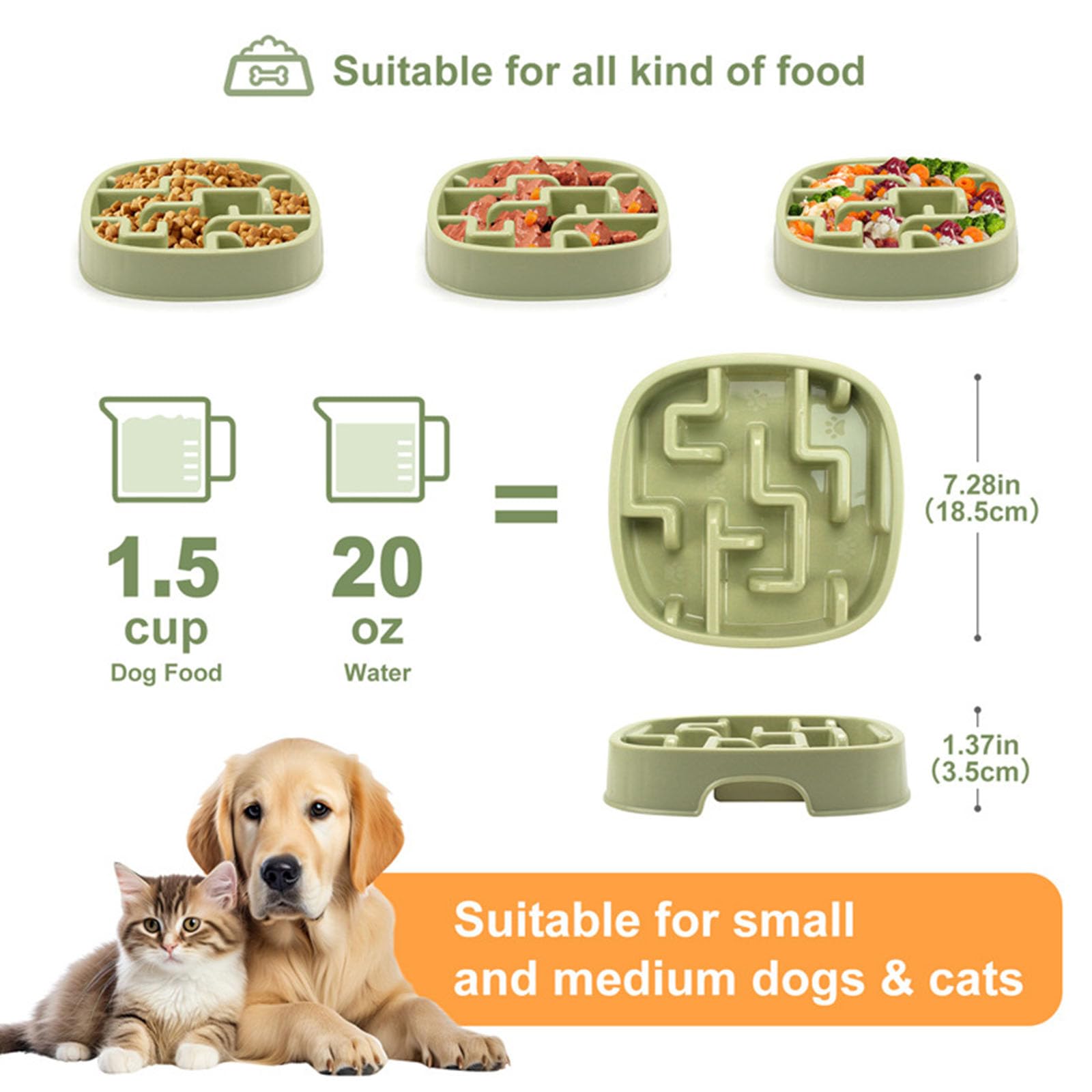 Cuenco de alimentación lenta antideslizante para gatos y perros pequeños, plato fácil de comida para mascotas PP
